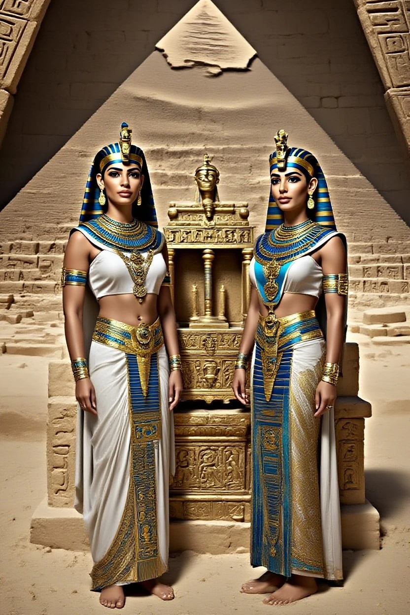 ultra realistic, Egyptian pyramid and river background , Cleopatra milf, 38 years, ( long decorated (Cleopatra dress)), with two men 8K