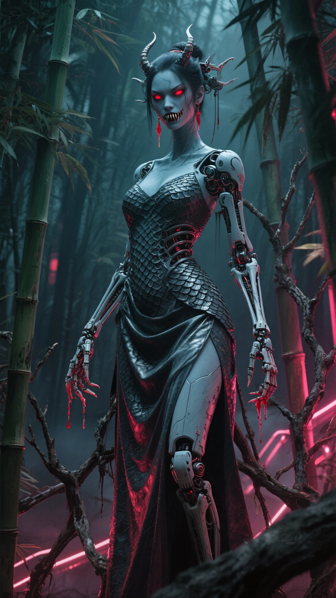 Photorealistic, ultra-high-quality, extremely detailed image of a humanoid guardian with mechanical body parts, sleek metallic limbs, and a black glossy sheen with red and gold highlights, dangerous looking, assassin, sleek, smooth, quiet. The guardian has mechanical legs and an oblong head shape, ((splines covering its back)), and is posed in a confident, sentinel-like stance, ((gripping a short knife with a curved sharp tanto blade.)) The guardian’s posture mirrors that of a human, standing in a serene forest. Surrounding it are tall trees and thick bushes, with soft sunlight filtering through the foliage, creating a mystical atmosphere. The lighting is a combination of natural soft sunlight with gentle shadows, subtly reflecting off the guardian’s glossy metallic surface, accentuating its form. The scene is captured from a side angle, with a medium shot emphasizing the guardian’s stature and surroundings, as if taken by a Hasselblad X1D II camera, ensuring sharp details and rich color gradation. The overall aesthetic combines elements of futuristic realism and nature’s calmness, creating a captivating contrast between the mechanical figure and the organic environment.