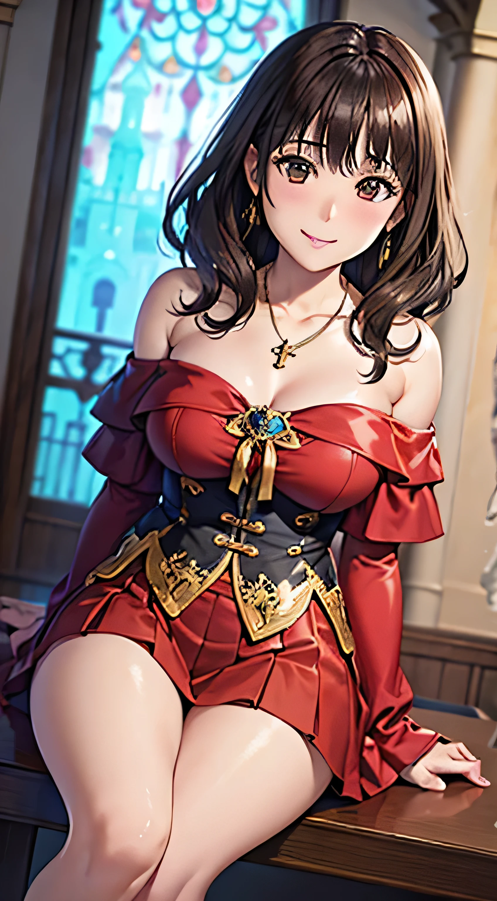 ((Tabletop, Highest quality, High resolution, , Pixel Perfect, 4K,))), 1 female, 、The whole body is visible、 ((Long Wavy Hair, bangs, Brown Hair)), ((Brown eyes, Beautiful eyelashes, Realistic eyes)), ((Detailed face, Blushing:1.2)), ((Smooth texture:0.75, Realistic texture:0.65, Realistic:1.1, Anime CG Style)), Medium sized breasts, Dynamic Angle, Perfect body, (( , , Beautiful Priest、、 Priest off-shoulder jacket、Priest Flare Skirt、、)), Gold Hair Ornament、Cross Necklace、Earrings、Very embarrassing panic smile, 、Gorgeous church basilica、、Hold a big Bible、Leaning forward、Stick your butt out、Lacy pink bra、、、、、 、Angle from below)、
