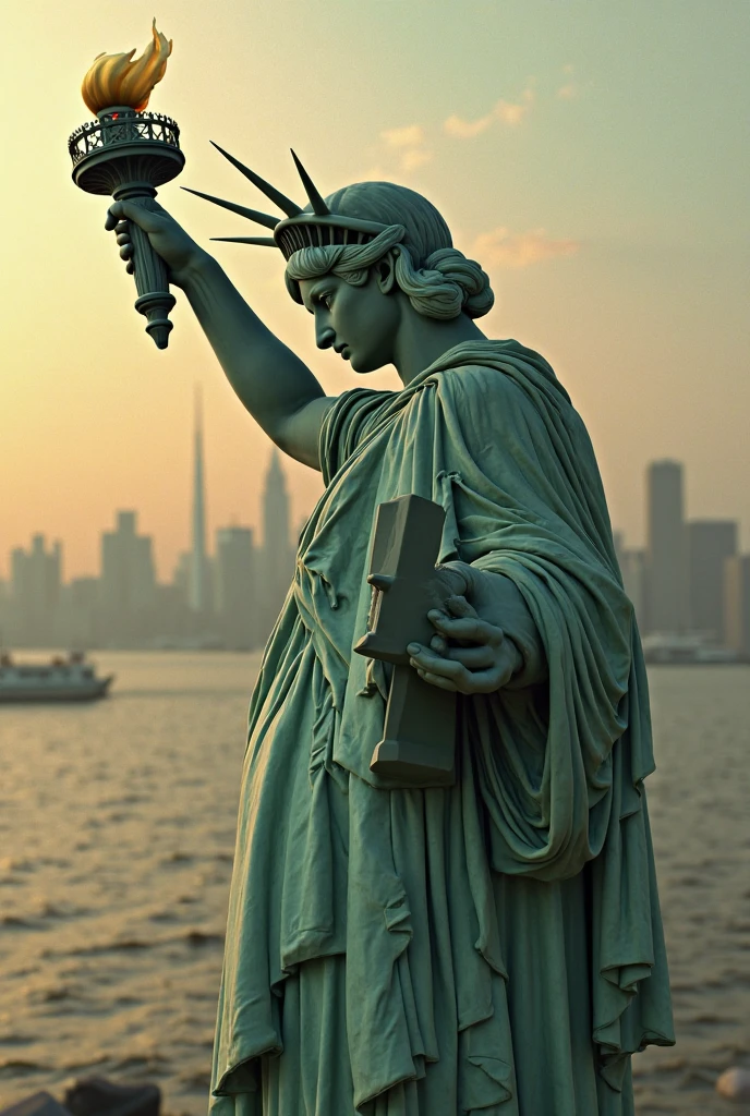 Statue of Liberty bow his head like merry with pieces of diamond on it 
