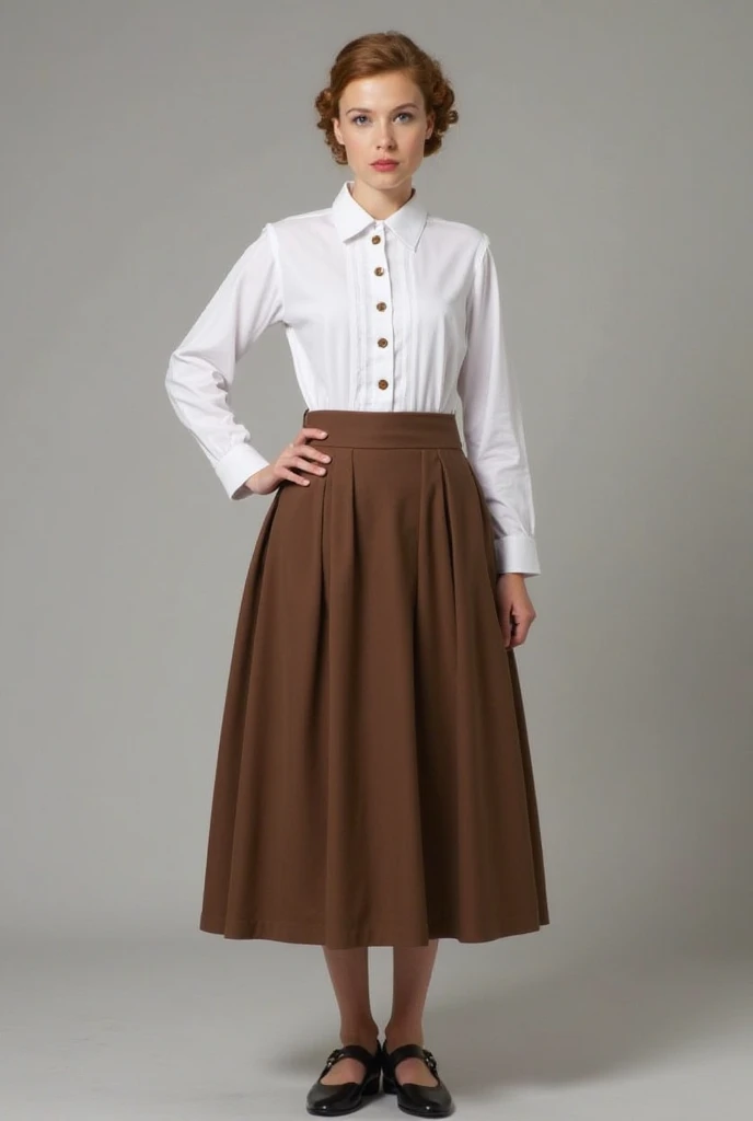 A full body graduation attire base on dark brown ankle length A line skirt, white blouse (tucked in skirt), and cream vest on top (buttoned) of blouse.