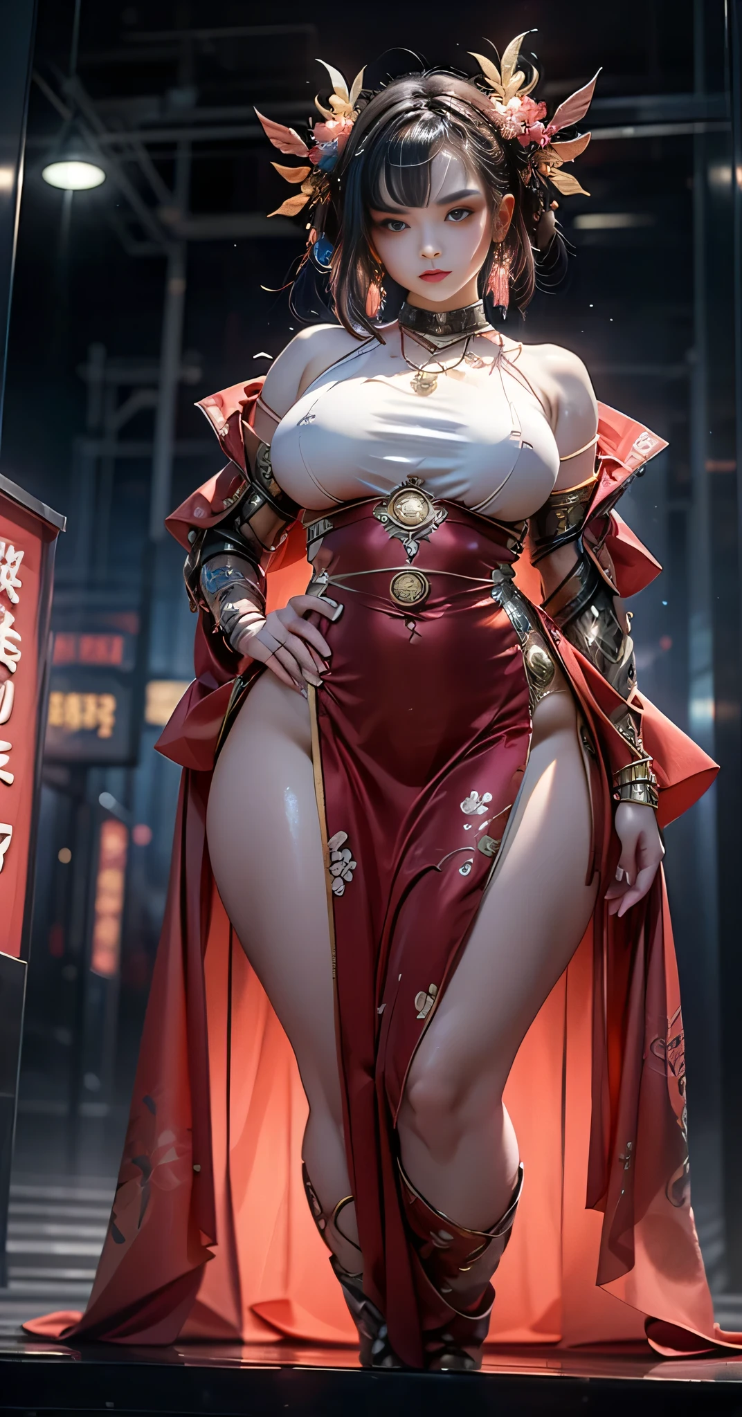 (masterpiece, top quality, best quality, official art, beautiful and aesthetic: 1.2), (1girl: 1.3), extremely detailed, colorful, more detailed (((ultra-detailed)), (highly detailed CG illustration), ((an extremely delicate and beautiful)),(front),cinematic light,((1 samurai girl)), solo, full body, expressionless,(long black hair 1.2), (focus on character), blood 1.5, samurai, (red eyes 1.5), colored background, goddess, Divinity, Oriental, full breasts, mature woman, Milf