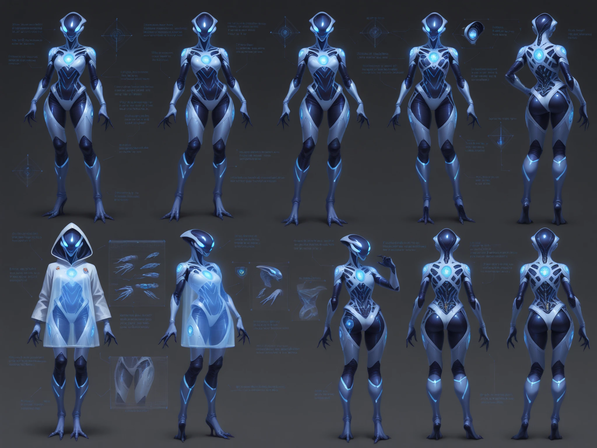 (Same character, front, side, back), (full body), generative front view, generative side view, generative back view, 3 view, female, extremely detailed, character reference sheet, black background, Alien glowing feathers, long antennas