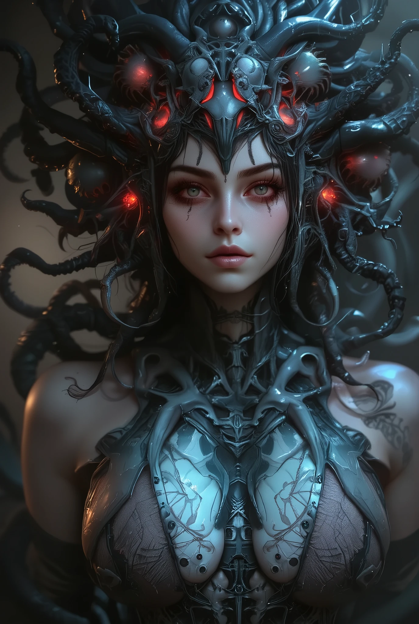 (masterpiece, realistic, best quality, super detailed, high resolution, (beautiful and aesthetic:1.4), realistic, sharp focus, cinematic lighting, highest detailed face), ((Beautiful female) alien from the world of Lovecraft, Seductive red eyes, big red glowing eyes), (Lots of blue tentacles), extraterrestrial life form), cell, bio image, attractive thick eyebrows, ( Beautiful eyes with high bilateral symmetry, highly detailed eyes, clear eyes, Smooth limbs, Intimate look, perfect anatomy, (Beautiful toned body), (moist skin), body smeared with mucus, Glamour, Dress with a ferocious image, heavy makeup, all sexy, alien, multiple hands, gorgeous face, many intertwined tentacles, sf, evil aura, H. R.giger, cowboy shot, dark atmosphere influence, cthulhu, view audience, snake hair, 3DMM,(elegant, intricate, digital photography, 4k, extremely detailed, CG, hyper realism, HDR),