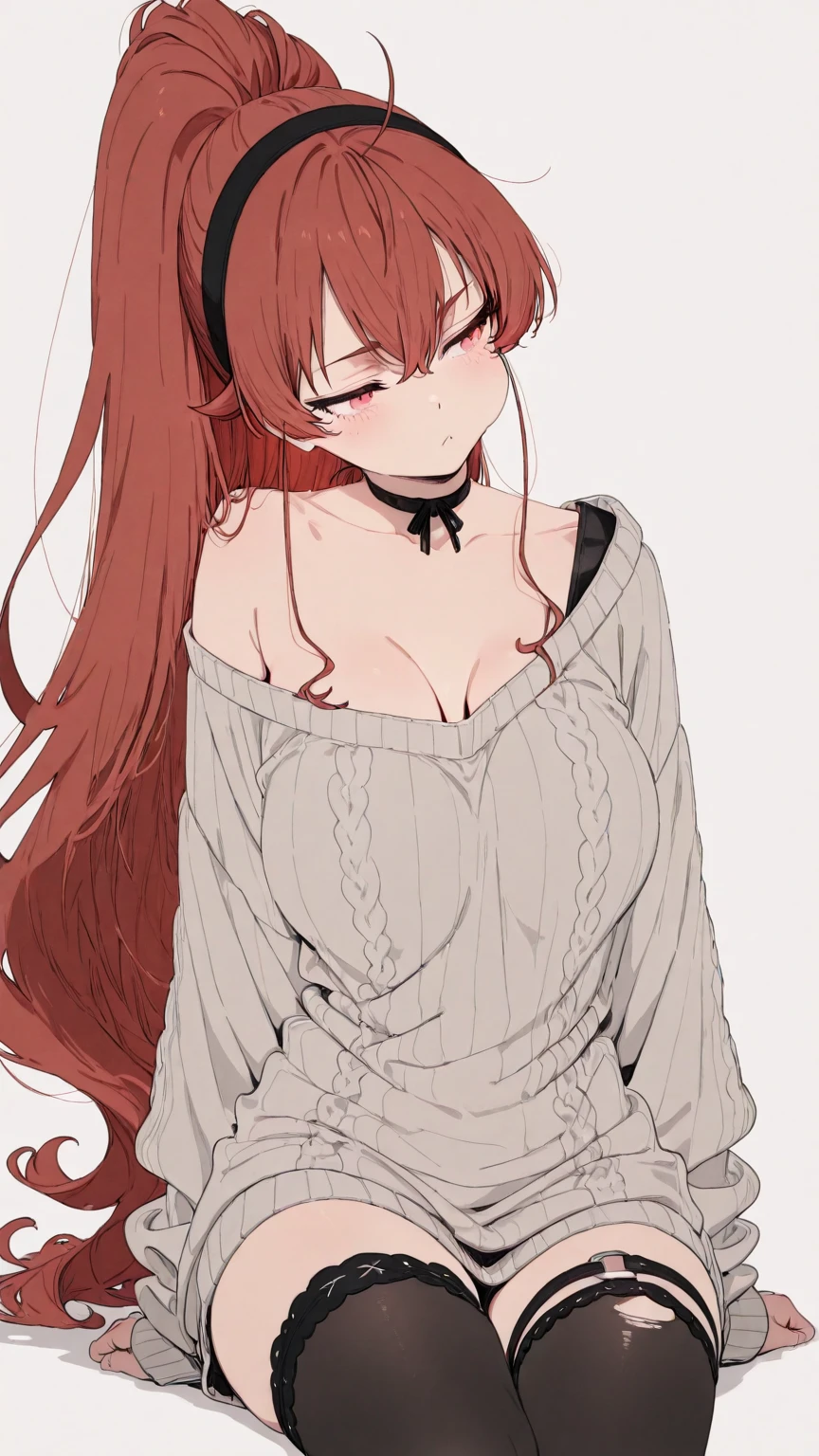 ((masterpiece, best quality)),very detailed, simple eyes,medium breasts,sitting,<lora:newlisa:1>,lisa imai,1girl,smile bare_shoulders, belt, black_legwear, casual, blush, breasts, brown_hair, cleavage, collarbone, dress, eyebrows_visible_through_hair, lisa, jewelry, large_breasts, long_hair, looking_at_viewer, off-shoulder_sweater, off_shoulder, open_mouth, ponytail, ribbed_sweater, sidelocks,smile, solo, sweater, sweater_dress, thighhighs