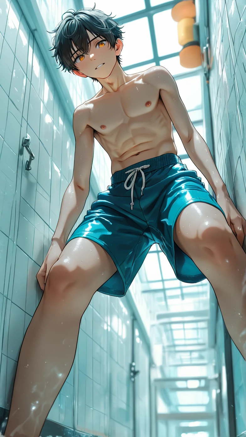 a shirtless 22-year old super muscular sweating male wearing basketball shorts, rubber shoes, sweat-drenched, soaking wet, drenched with sweat, sweating profusely, soaking wet with sweat, panting, exhausted, gasping, in the locker