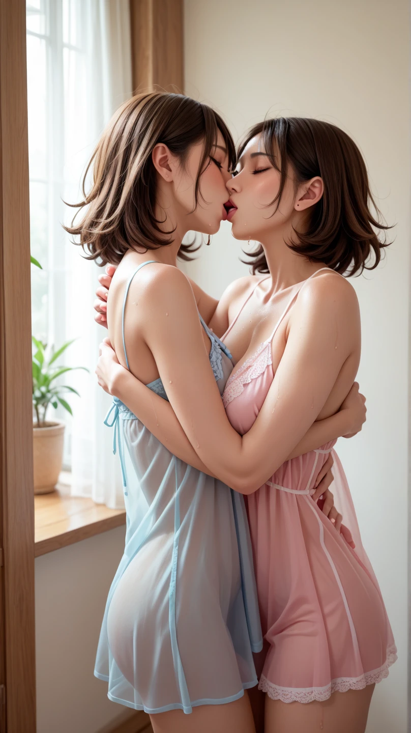 8K quality、High resolution、Two maids、Realistic skin texture、Two women make love to each other、High resolutionの肌、Women kissing with tongues entangled、Princess Hair、thin、Small and young breasts、Open the mouth to reveal a realistic tongue、Beautiful cleavage、Gray Hair、blue eyes、thin脚、French Braid、、Full Body Shot、Wetting、Tearing clothes