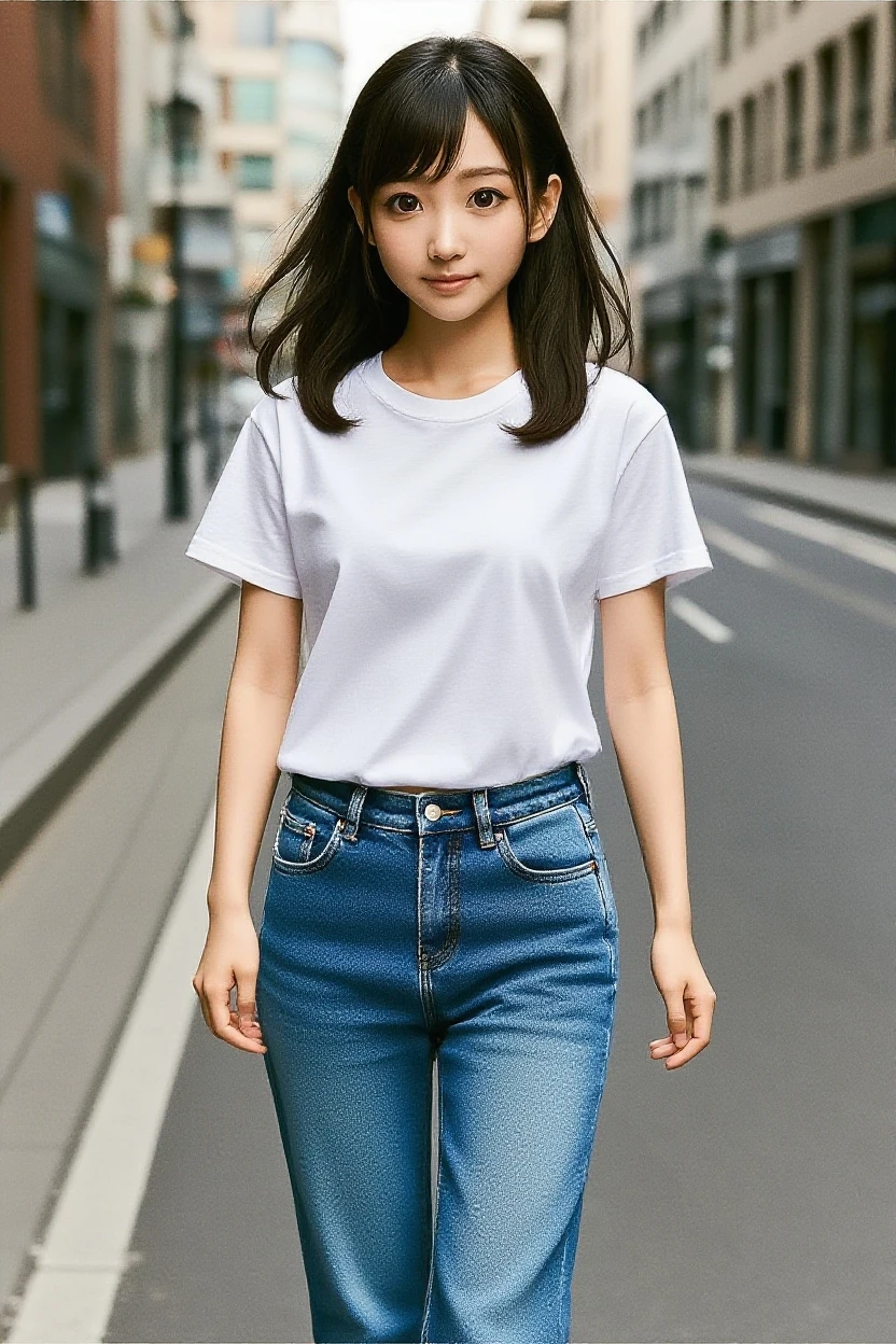 T-shirt,denim, put hands behind head,large breasts,cool face,medium hair,outdoor