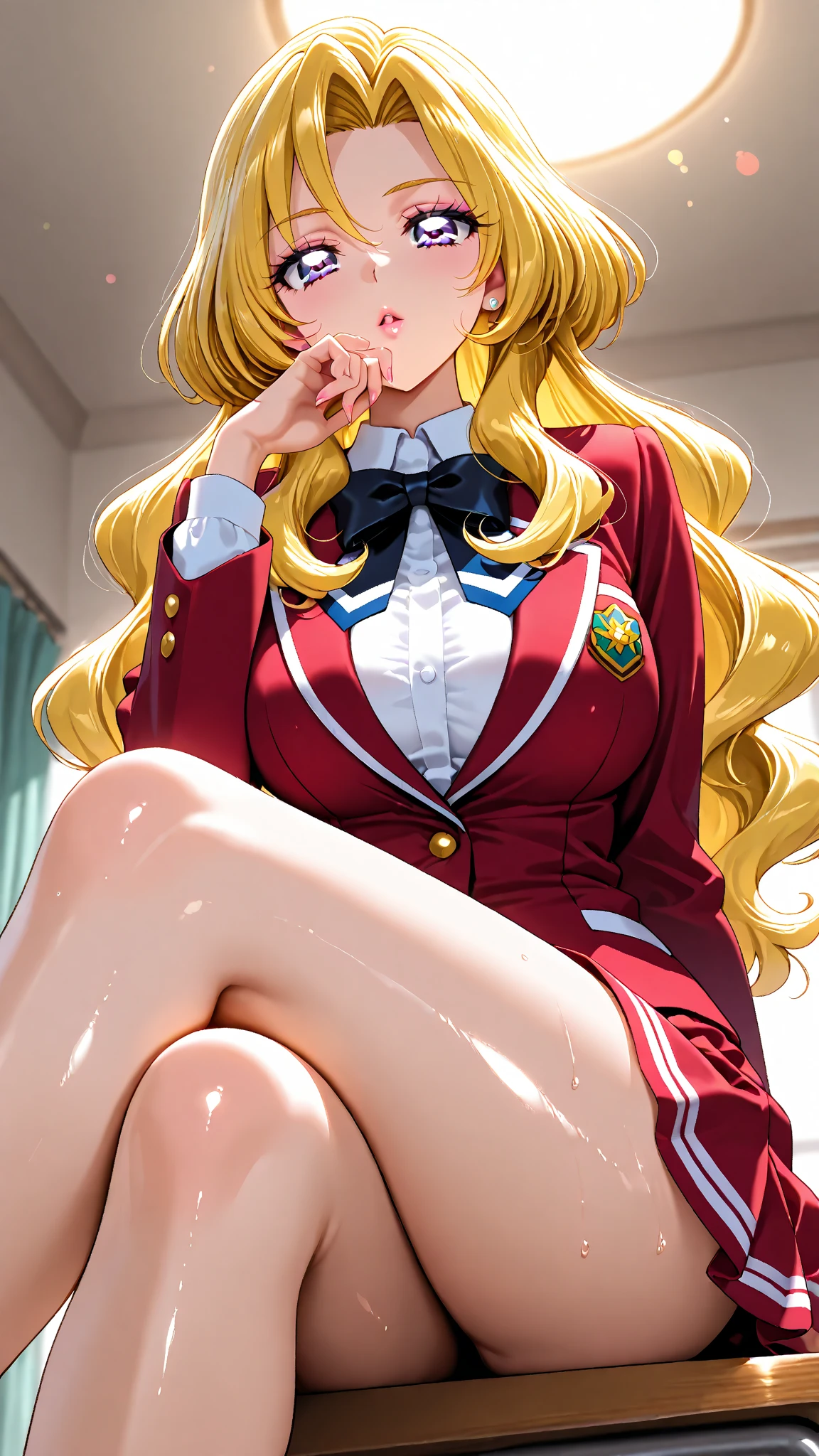 (((masterpiece))), HD 4k res image, no blur, Ann Takamaki, innocent, sitting with legs apart, revealing panties, mini skirt, long thick thighs, large buttocks, dsann, looking down,