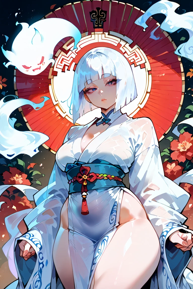 VISUAL STYLE: Detailed, GENRE: Masterpiece, ITEM(S): Very Beautiful Girl, TIME PERIOD: N/A, COLOR: White, ASPECT RATIO: 9:16, FORMAT: Digital, FRAME SIZE: Ultra High Resolution, LENS SIZE: N/A, COMPOSITION: unbuttoned kimono, white long hair, multicolored eyes, Sitting in the lotus position, hands pointing to the sides, LIGHTING: Dim, LIGHTING TYPE: Membranous, TIME OF DAY: Night, ENVIRONMENT: Exterior,  LOCATION TYPE: Starry Sky, SET: N/A, CAMERA: N/A, LENS: N/A, FILM/RESOLUTION: Ultra High Resolution, TAGS: Detailed Anatomy, Flawless Anatomy, White Socks, Short Socks, Tattoo, Mantra Reading, Big Fluffy Hare, Red Moon, Detailed Eyes, Eyes of Different Colors, Detailed Face, Nudity, NfsW, Halo Around Head, Bare Shoulders.