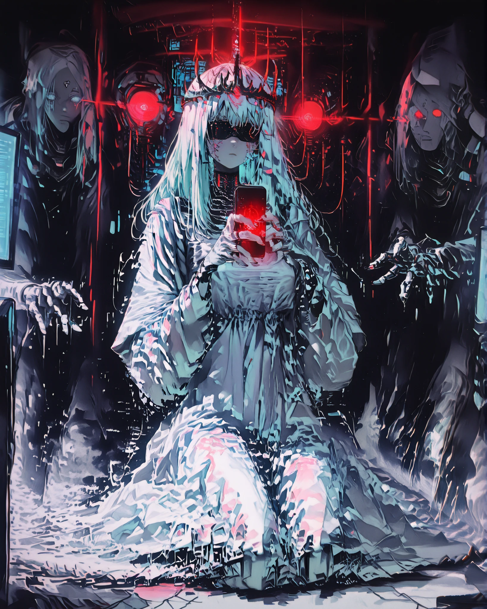Masterpiece, ultra detailed, cinematic lighting, 4K resolution, cyberpunk aesthetic, surreal digital temple. A tall cybernetic priestess stands at the center, her body pale and ethereal. Her long hair is made of braided USB and data cables, flowing like wires in zero gravity. She wears a flowing dress made of glowing computer monitors and smartphone screens, all flickering with static, digital interference, and glitch effects. Her arms are thin, elongated, and ghostly white, with translucent circuits under the skin. A crown of metallic thorns floats horizontally across her face at eye level, like a cybernetic blindfold, glowing faintly. Around her, a group of human devotees kneel in reverence, holding smartphones raised as if in prayer, bathed in cold digital light. Their faces are illuminated by the screens, emotionless yet devout, worshipping her like a digital saint. The background is a massive techno-cathedral, filled with wires, neon halos, and digital glyphs. The atmosphere is mystical, eerie, and reverent — a futuristic cult of technology.