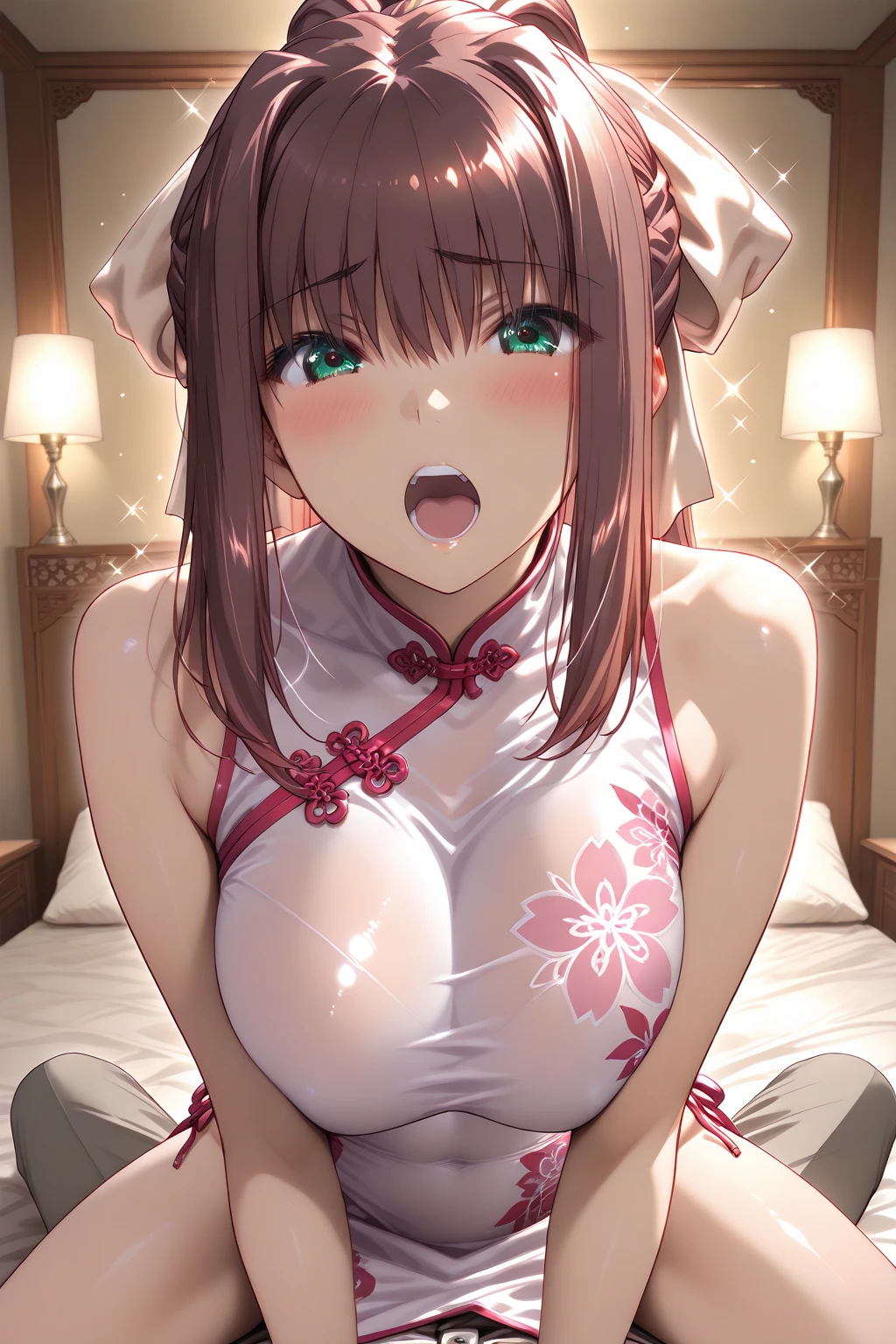 NSFW,((1man with 1woman,Having sex)), Riding on top of a naked man,faceless male on face,a bed,One girl,Kamimei,mesugaki,chinese clothes,Twin-tailed,Heterochromia,blushed face,Smile with open mouth,Top image quality,Best Quality