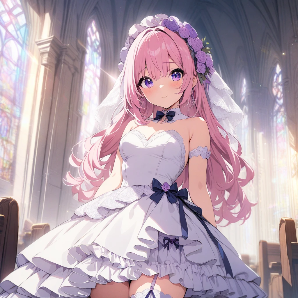 masterpiece, best quality, highres, nn1, 1girl, hair ribbon, short hair, wedding dress, mini dress, wedding_veil, cleavage, church, cowboy shot, arms behind head, looking at viewer, blush,