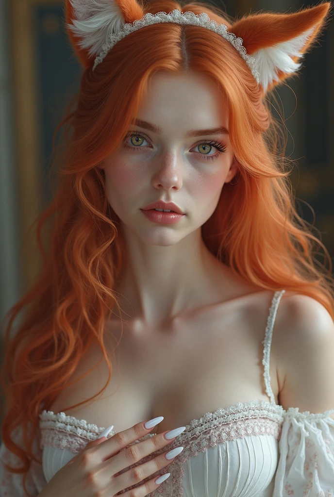Best Quality, Masterpiece, (Realistic: 1.2), 1 girl, slim girl, red hair, brown eyes, front, detailed face, beautiful eyes, brown eyes, big eyes, small breasts, cleavage, long dress