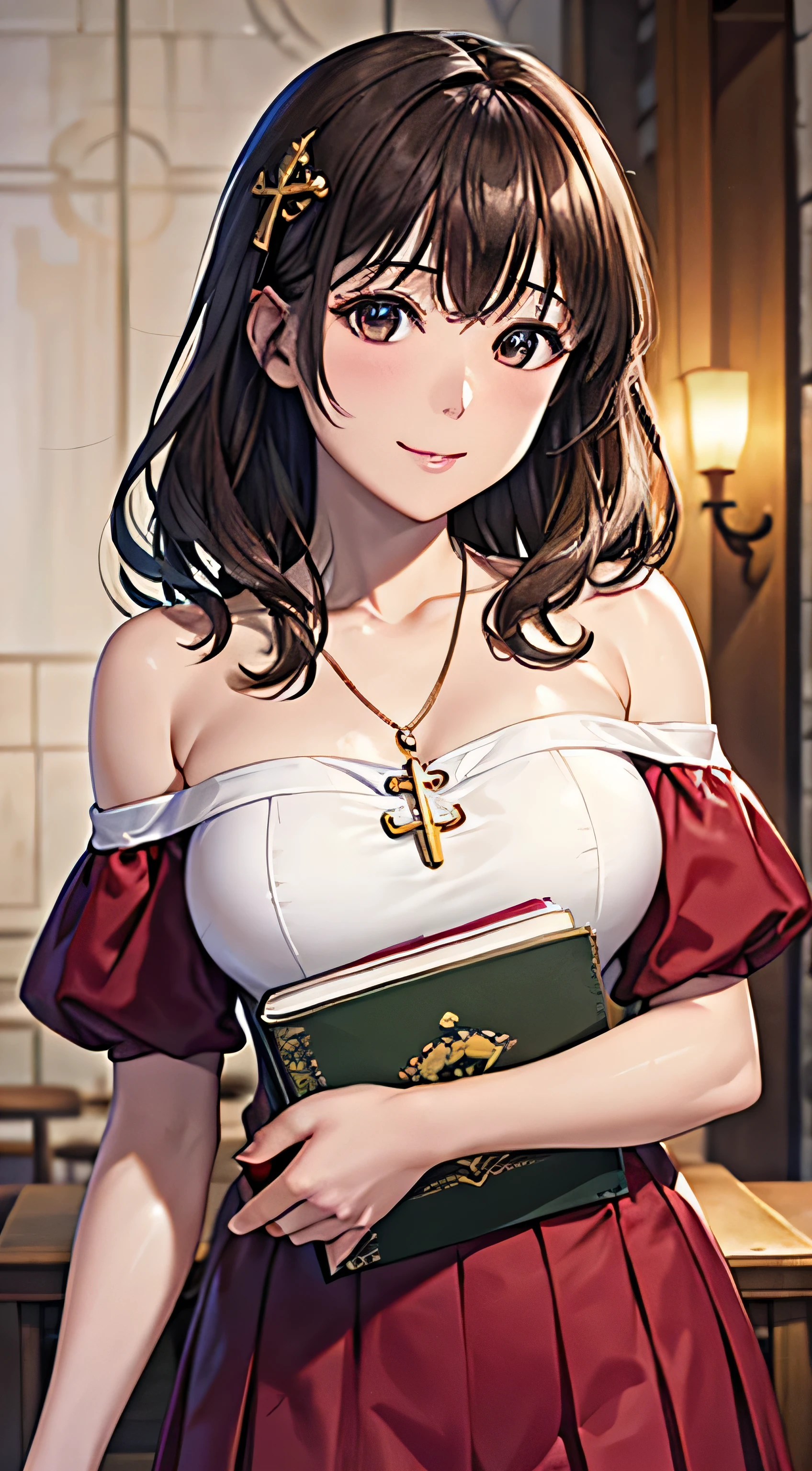 mature female,perfect hands, perfect finger,perfect anatomy, masterpiece, best quality,realistic, hyperrealistic, 16k hdr,,(Fairy skin:1.1),large breasts,(smile), light green outfit,puffy sleeves,cleavage,(nun:1.2),cross necklace,Brown hair,Bangs,Green eyes,(church:1.2),Dynamic Pose,upper body,(praying,close eyes:1.2),from above