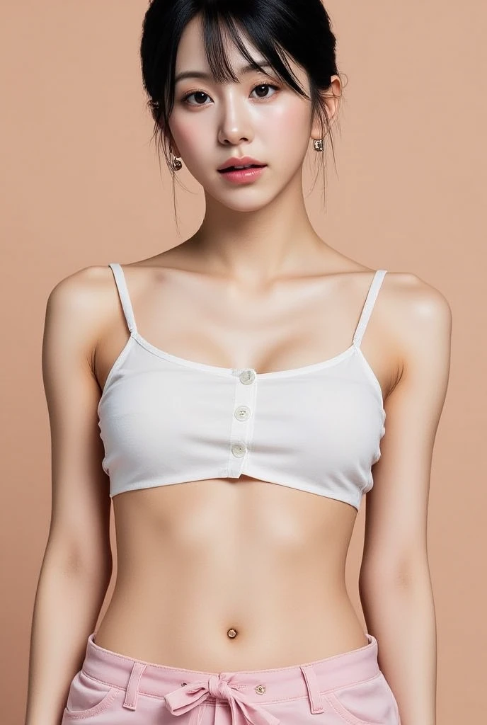 1girl 13 year old, solo, full body, short hair, ponytails hair, unbuttoned blouse, very small breasts, looking at viewer, blonde hair, brown eyes, jewelry, full body, necklace, lips, realistic, nose, flirting with camera