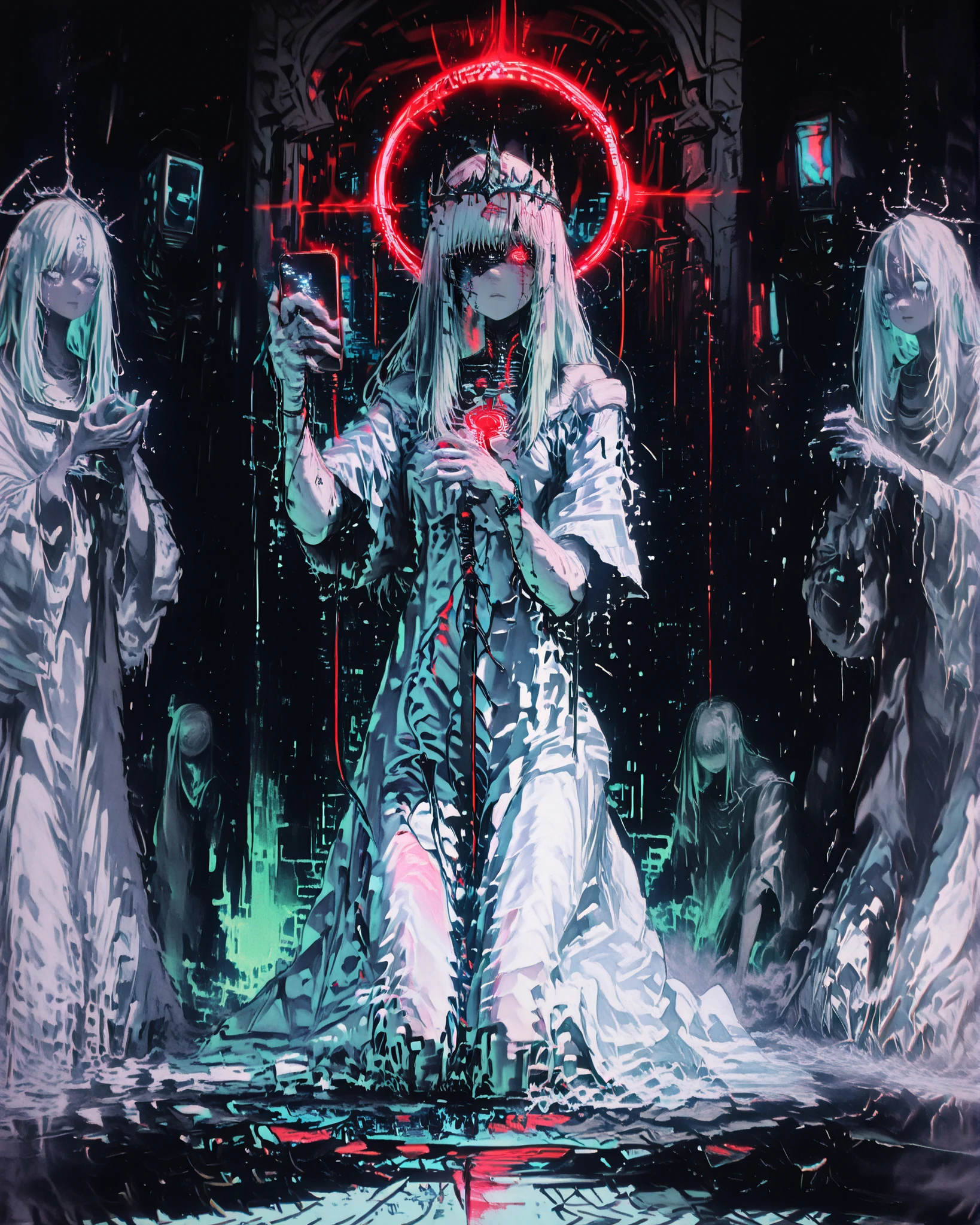 Masterpiece, ultra detailed, cinematic lighting, 4K resolution, cyberpunk aesthetic, surreal digital temple. A tall cybernetic priestess stands at the center, her body pale and ethereal. Her long hair is made of braided USB and data cables, flowing like wires in zero gravity. She wears a flowing dress made of glowing computer monitors and smartphone screens, all flickering with static, digital interference, and glitch effects. Her arms are thin, elongated, and ghostly white, with translucent circuits under the skin. A crown of metallic thorns floats horizontally across her face at eye level, like a cybernetic blindfold, glowing faintly. Around her, a group of human devotees kneel in reverence, holding smartphones raised as if in prayer, bathed in cold digital light. Their faces are illuminated by the screens, emotionless yet devout, worshipping her like a digital saint. The background is a massive techno-cathedral, filled with wires, neon halos, and digital glyphs. The atmosphere is mystical, eerie, and reverent — a futuristic cult of technology.
