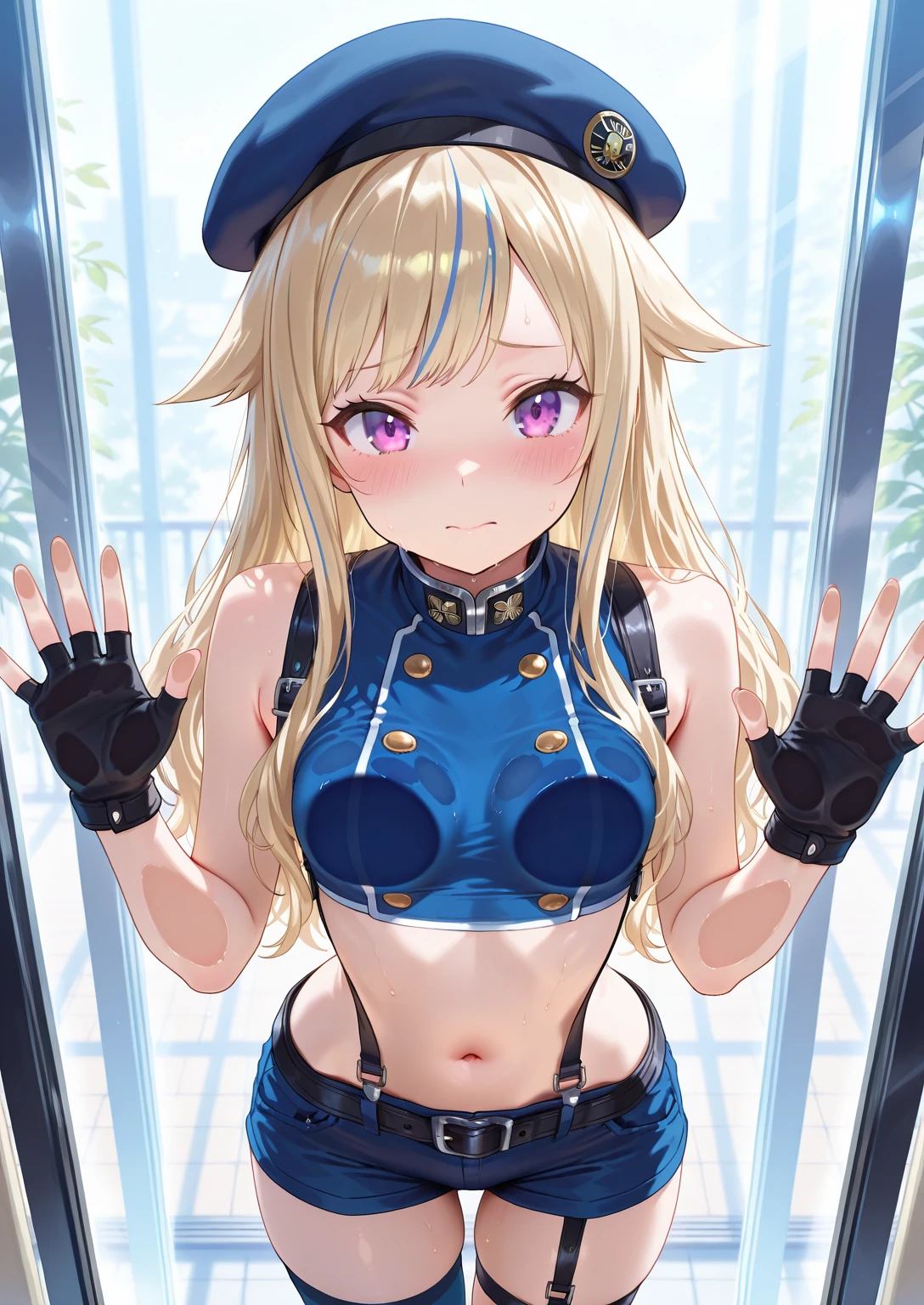 woman,14 years old,,city,night,(((white and blue tight miniskirt bodysuit))),,open mouth smile((See-through))(((Glasses))),((Beautiful long ponytail)),(()),blush、surprised face,((())),((blonde))(((On the way to changing clothes)))(((While undressing)))