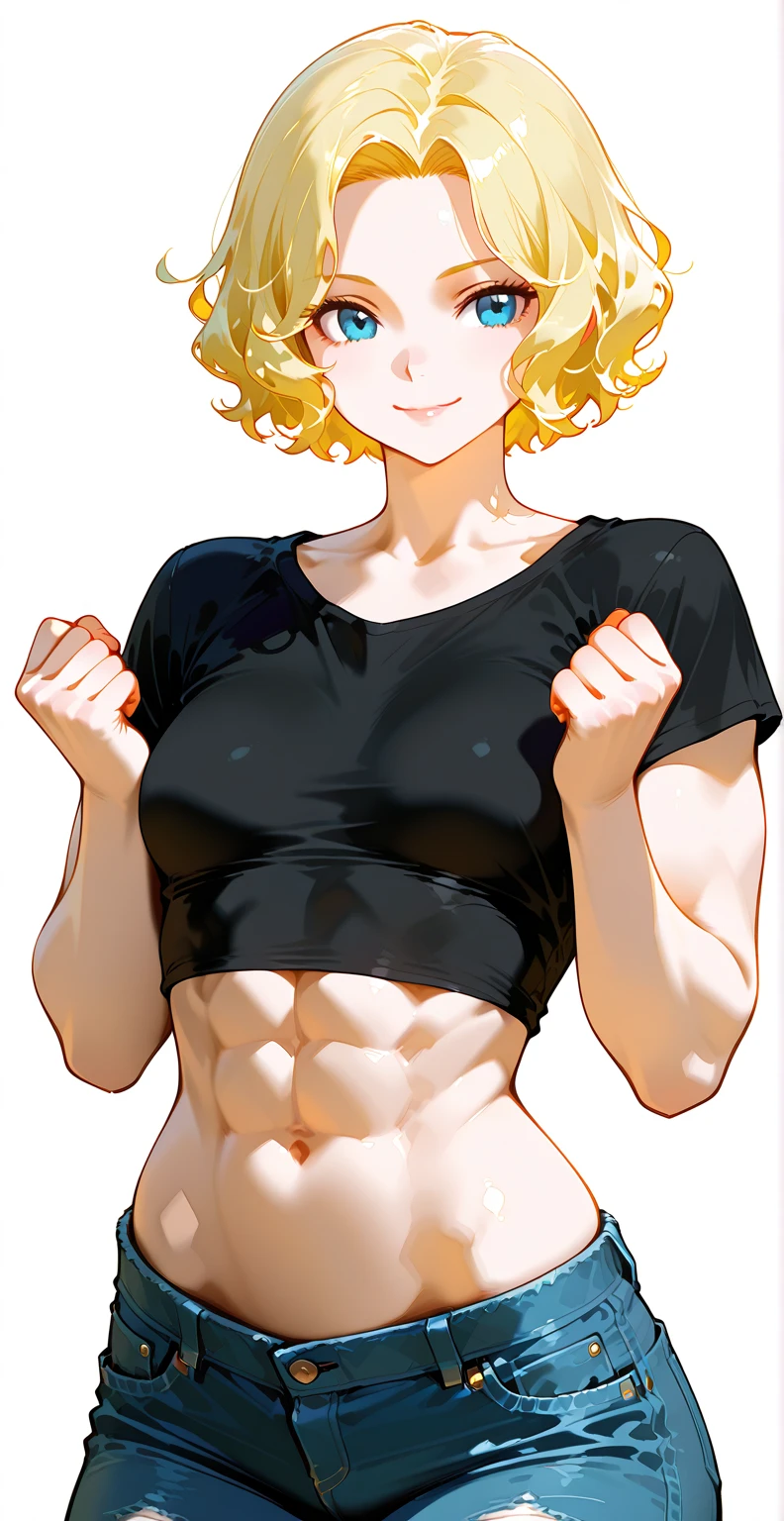 Gyaru girl, tan skin, short hair, messy hair, glossy lips, smile, open mouth, large lips, light blue eyes, winking, crop top, abs, jeans, wide hips, furrowed brows, tongue sticking out of her mouth, one piece swimsuit tan line, drooling