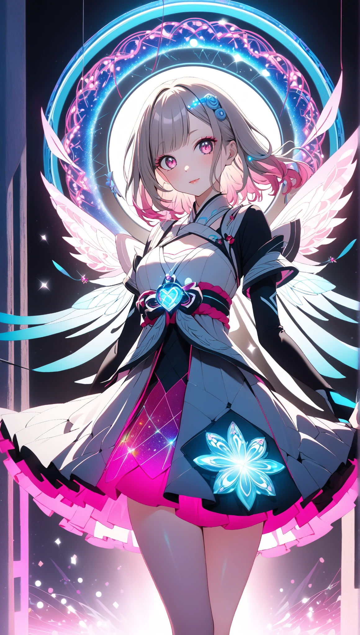 little girl, angel wings, neon lights, chibi