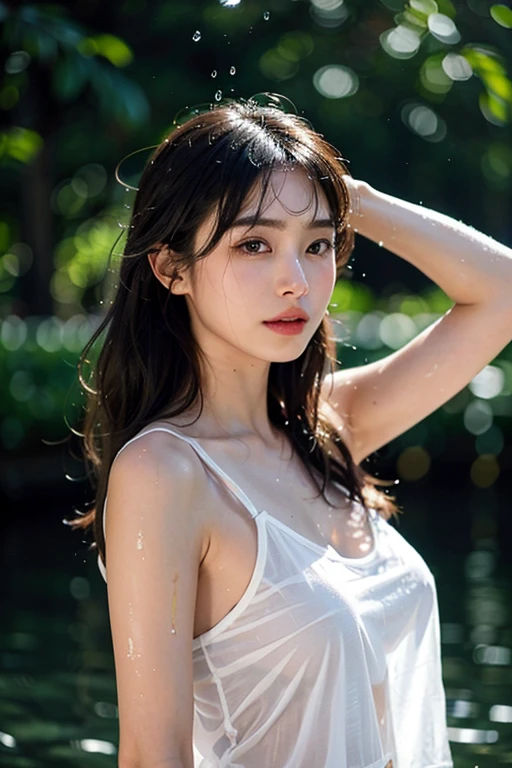 1girl, (Super:1.2), ((White transparent shirt:1.2)), (Photorealistic:1.37, Realistic), Watch Viewer, (HQ Skin: 1.8), 8K UHD, Soft Lighting, High Quality, ((Upper Body, big breast: 1.6) ), (Pro lighting: 1.6), (shower, wet body, wet clothes: 2.1), emphasizing cleavage, close up, armpit