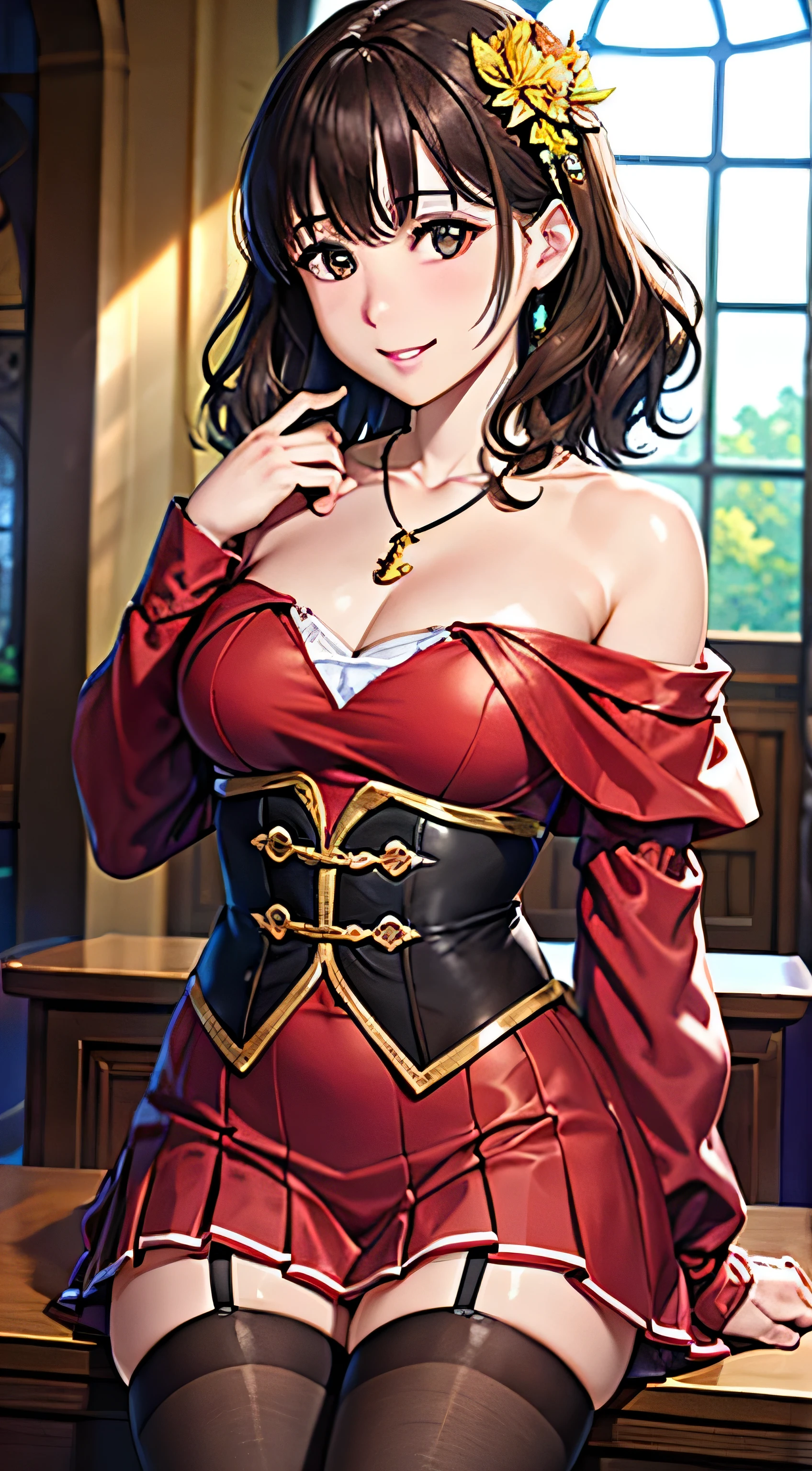 ((Tabletop, Highest quality, High resolution, , Pixel Perfect, 4K,))), 1 female, 、The whole body is visible、 ((Long Wavy Hair, bangs, Brown Hair)), ((Brown eyes, Beautiful eyelashes, Realistic eyes)), ((Detailed face, Blushing:1.2)), ((Smooth texture:0.75, Realistic texture:0.65, Realistic:1.1, Anime CG Style)), Medium sized breasts, Dynamic Angle, Perfect body, (( , , Beautiful Priest、、 Priest off-shoulder jacket、Priest Flare Skirt、、)), Gold Hair Ornament、Cross Necklace、Earrings、Very embarrassing panic smile, 、Gorgeous church basilica、、Hold a big Bible、Leaning forward、Stick your butt out、Lacy pink bra、、、、、 、Angle from below)、