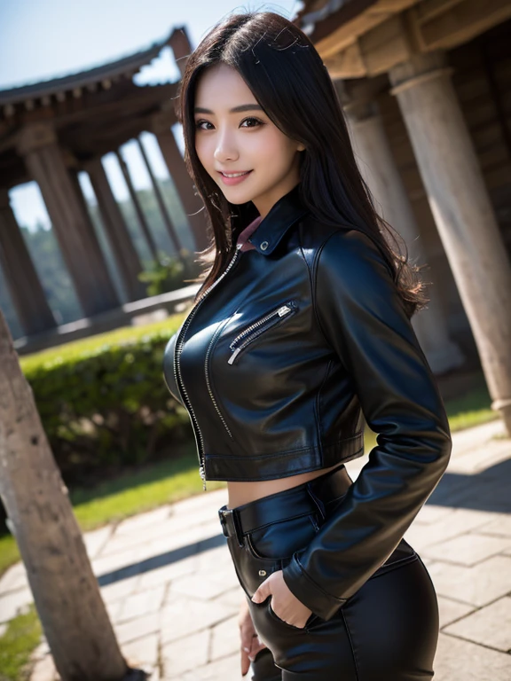 (Full body photo,Pictured from head to toe,standing in the park:2.0),(black riders leather Jacket,knee high boots,very high gloss,black leather pleated skirt, large breasts,cleavage, open clothes,orgasm face,show panties:1.5),black medium straight hair,((best quality, 8k, masterpiece :1.3)), 1 girl, smiling, whole body, face slimming, pretty Woman, (Dark brown hair), full length dress :1.1, Super detailed faces, delicate eyes, double eyelids, blurred background, face slimming,