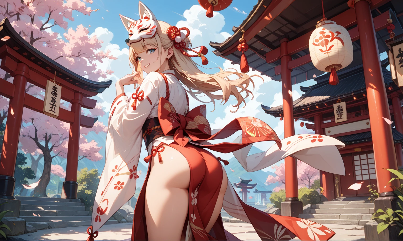 masterpiece，best quality，outdoor，Red Torii，Tree，stairs，Shrine Girl，look back，Red ribbon，Long hair，Cherry blossoms，Sky，Hair band，Headband，Cat ears，petal，Clogs sandals，White Kimono，Yellow eyes，Japanese Thong, 