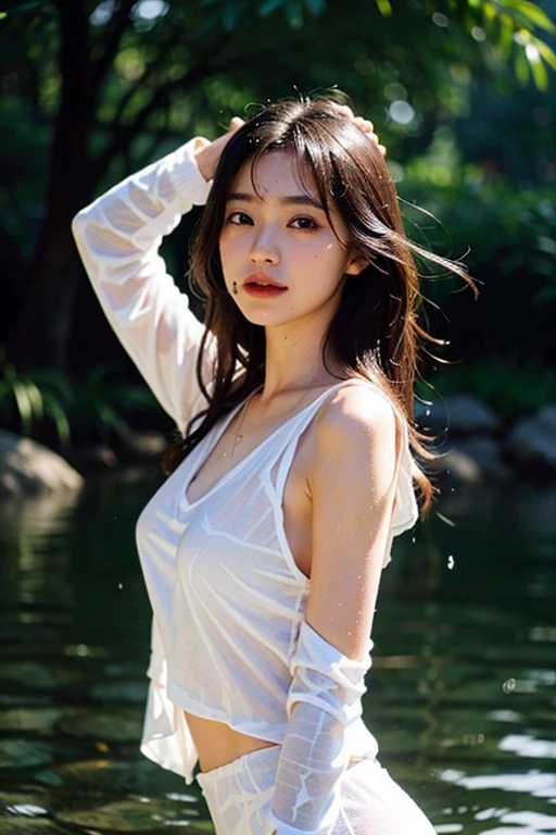 (top-quality、masterpiece:1.2)、(Photorealsitic:1.2)、femele、Skin texture、Thin hair growth、Mare、Wet hair、Mysterious lighting、Tropical rainforest