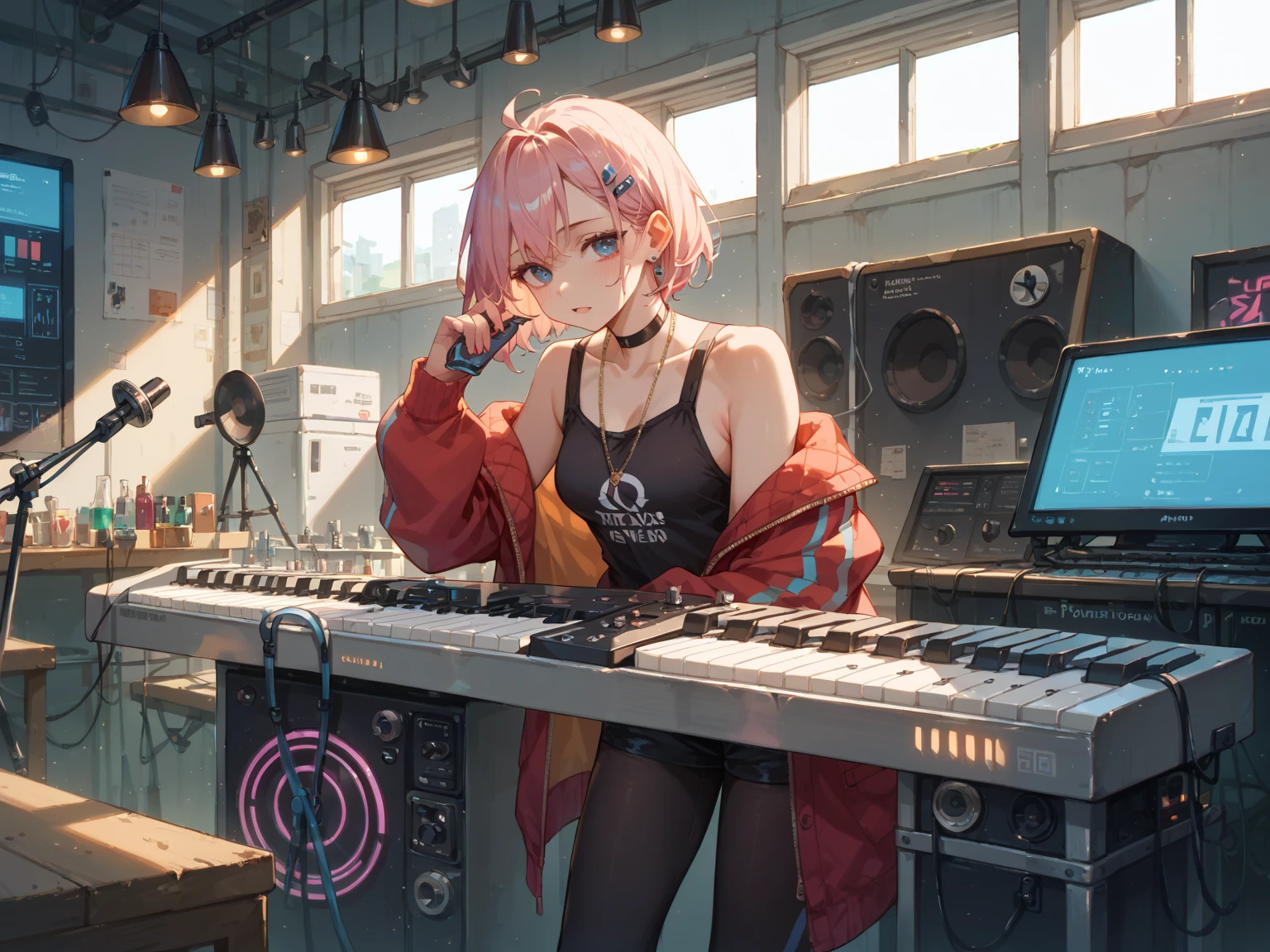 (Best quality, masterpiece 1.2), detailed, 1 girl, alone, looking at the audience,
Simple background, sexy, serious pose, meticulous eyes,
  Full body, green eyes, pink hair, blue stream, short hair, bangs
Young woman, wearing ultra-short t-short, headphones hanging around her neck, short ripped jeans,
  Bokuman
Improved hands, improved leg details, meticulous headphones