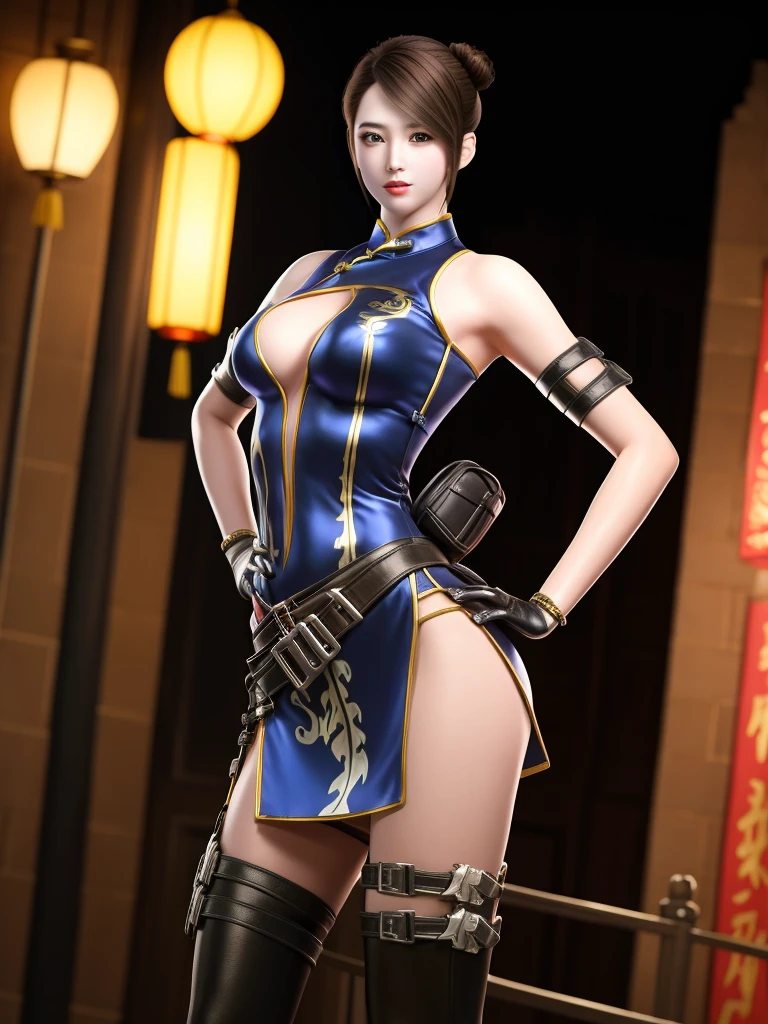 CFhudieBW, 1girl, solo, elbow gloves,breasts,brown hair,  boots, medium breasts, cleavage cutout, belt, holster,bare shoulders, black thighhighs, looking at viewer,short hair,china dress, <lora:CFhudieBW:0.75>,cowboy shot, hand on hip, cityscape, night, mature female, single hair bun,