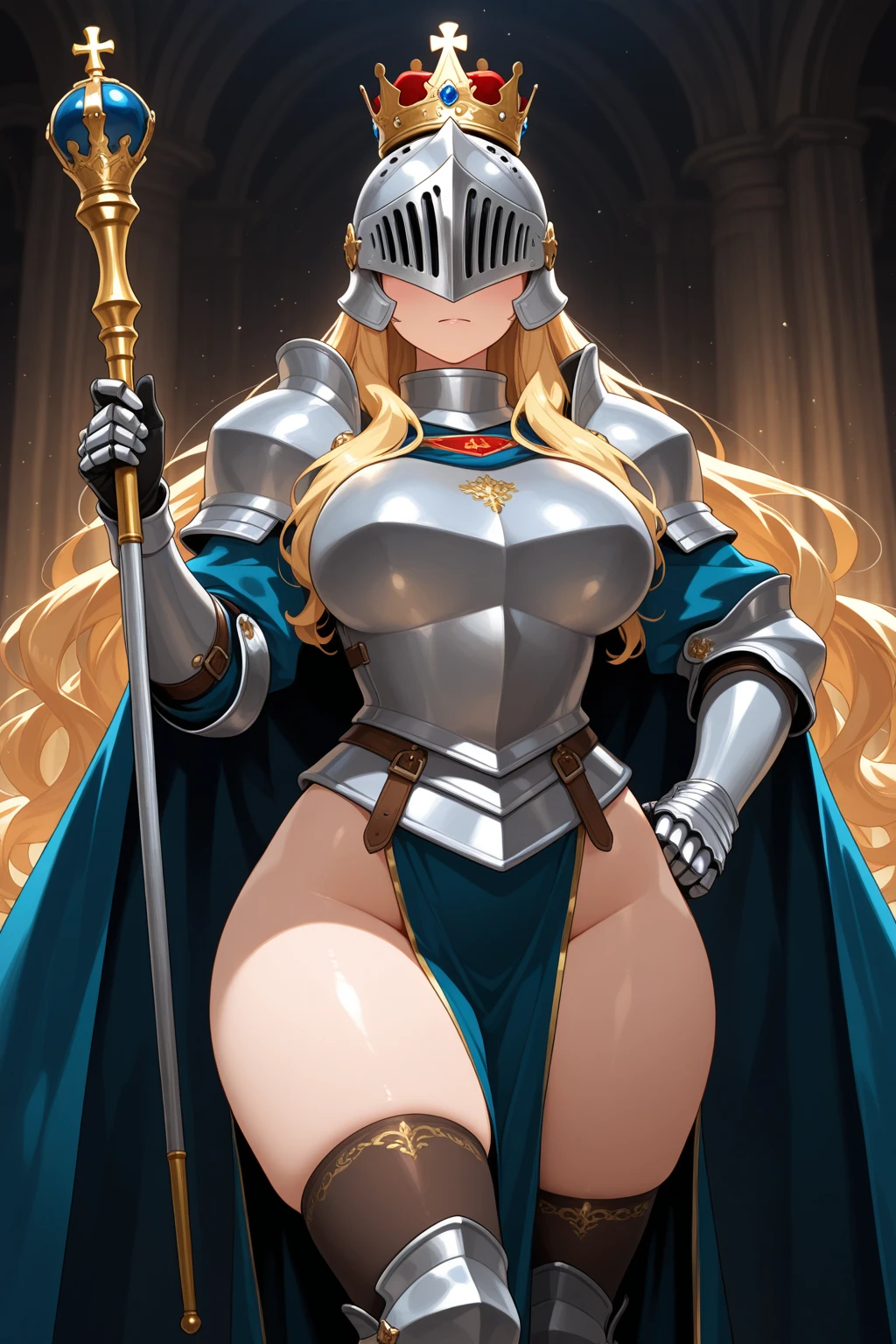 Blonde adult woman,Golden Crown,large cape,white armor,blue skirt,Thin legs,iron boots,Standing,spear,castle