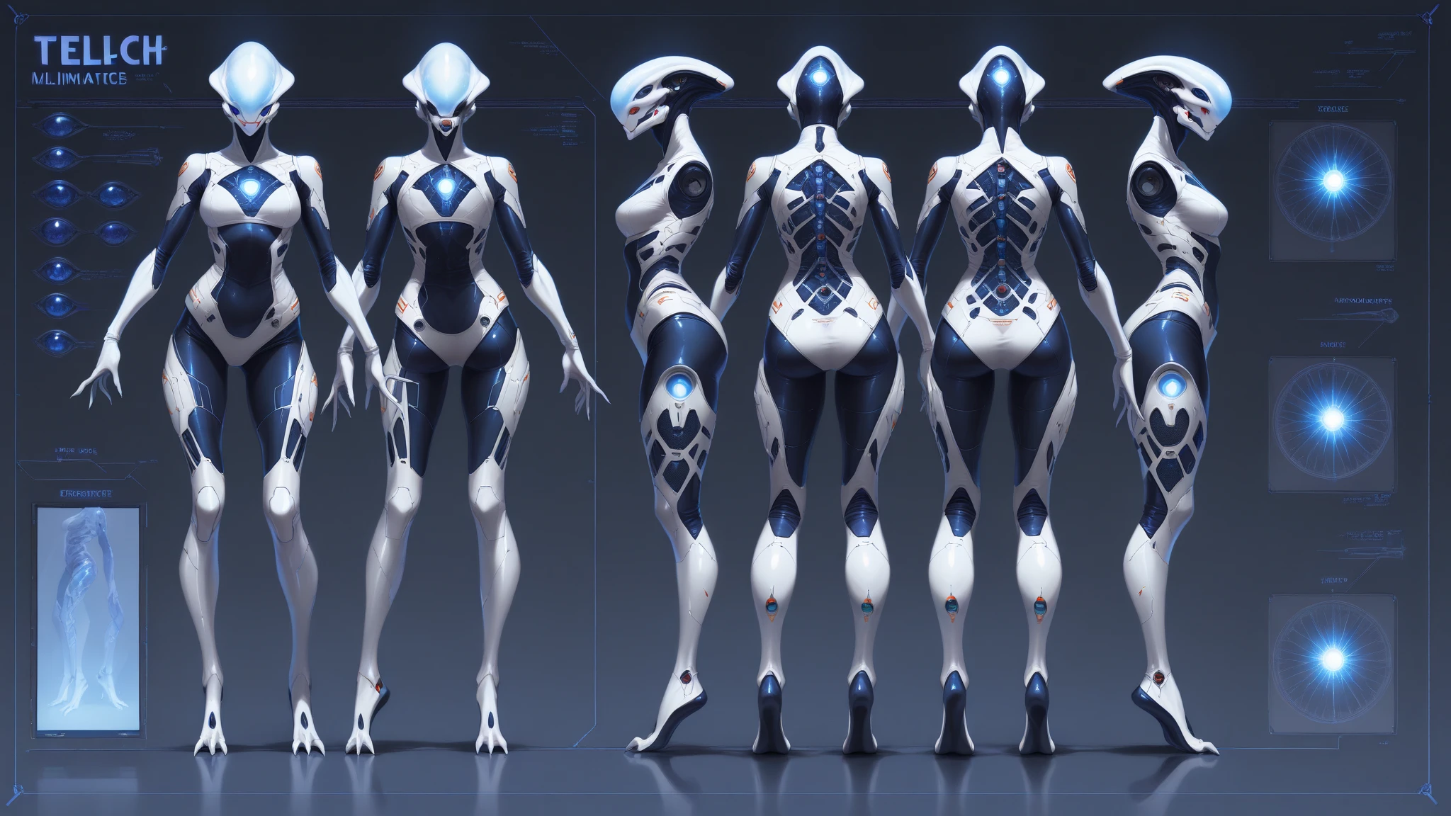 (Same character, front, side, back), (full body), generative front view, generative side view, generative back view, 3 view, female, extremely detailed, character reference sheet, black background, Alien glowing feathers, long antennas