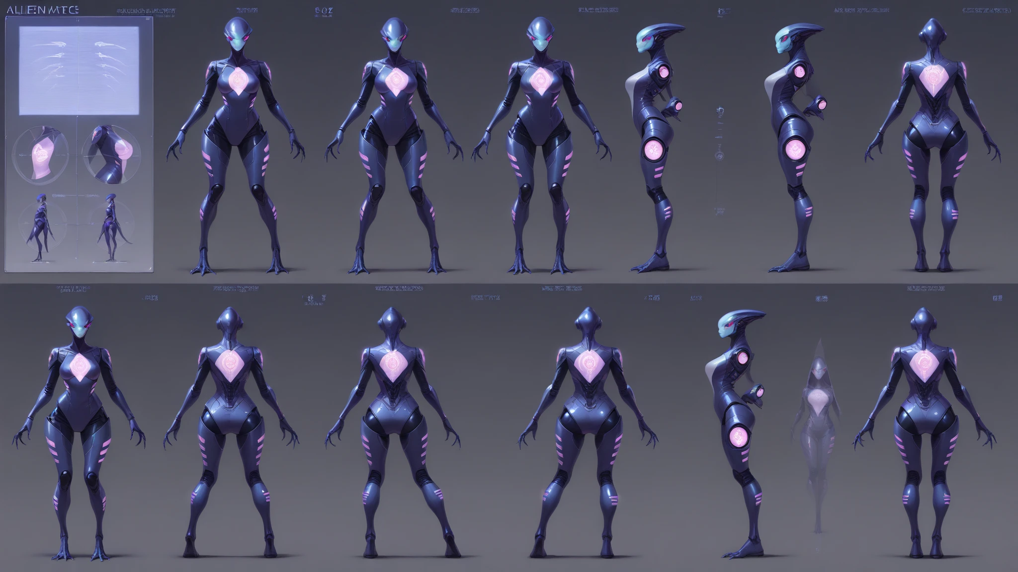 (Same character, front, side, back), (full body), generative front view, generative side view, generative back view, 3 view, female, extremely detailed, character reference sheet, concept art, detailed character design, full body illustration, full body character design, black background, robotic limbs