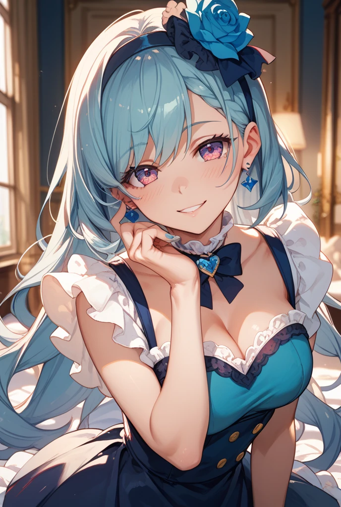最high quality、Best image quality、masterpiece、With a girl((cute、18-year-old、Best Bust、Medium Bust、Beautiful Blue Eyes、Spread your chest wide,pastel hair、ponytail、Disheveled Hair、thin、Highest Valley、Pastel dress、smile、necklace、Wristband、))high quality、Beautiful art、background((Private room、Pastel Room、Cute Room)),Tabletop、Exquisite design、Visual Arts、Written boundary depth、Best lighting、Highest detail、8k
