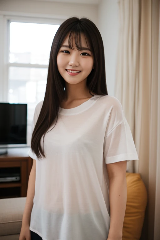 Create a close-up image of a beautiful Japanese woman with a seductive smile.。She was only wearing a large T-shirubtly shows off the curves。Long hair、Flowing, shiny black hair。The background is a softly blurred, intimate interior、The warm lighting highlights her features.。The makeup is perfect、Particular emphasis is placed on the eyes and lips to bring out her charm.。Confident、She has a slightly mysterious look、Exudes elegance and charm。The T-shirt hangs loosely around her body.、Try to keep it casual yet sexy。