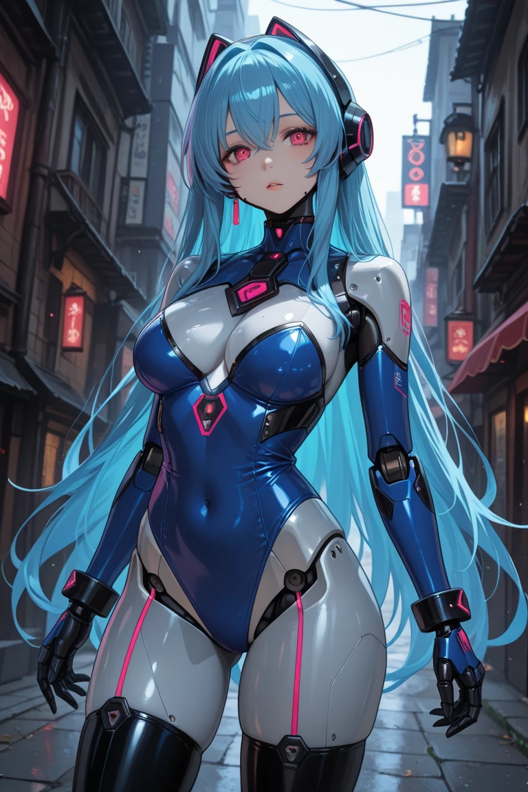 ((Highest quality))、(masterpiece)、Hatsune Miku VOCALOID、(Twin tails)、Light blue hair、Water-colored pupils、cyber punk、Ultimate Physical Beauty、Big Ass、(Big Breasts)、Bodysuits、Sexy pose、12-year-old girl has electronic visor fitted to her face、red latex body、Cyberpunk mode、(Light blue hair:1.4),Breast enlargement、Neon lights in the dark city at night,Unreal Engine:1.4,Ultra-high resolution,La highest quality:1.4, Realistic:1.4, Skin Texture:1.4, masterpiece:1.8,masterpiece, highest quality,（Beautifully detailed eye depiction）