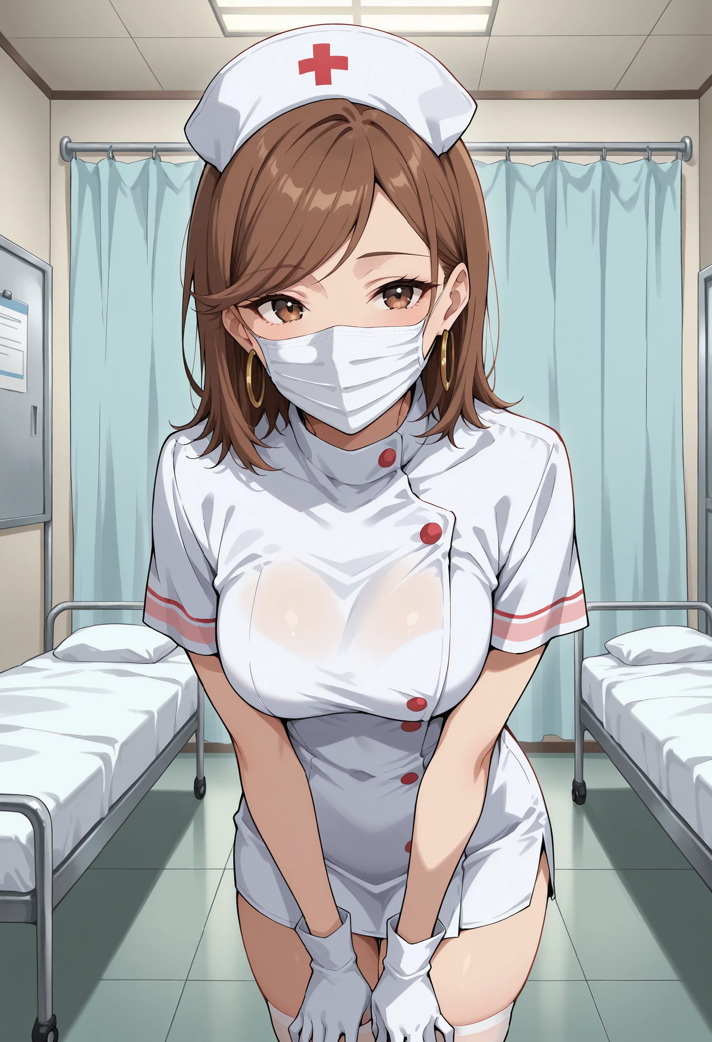 Score_9, score_8_up, score_7_up, source_anime, KJOdaia, solo, brown hair, brown eyes, medium hair, swept bangs, hoop earrings, (best quality), (high quality), {masterpiece}, extremely delicate and beautiful, ultra-detailed, beautiful detailed eyes, nurse, nurse hat, ((white nurse's outfit)), white gloves, white thighhighs, hospital room, ((white mask, mouth mask, covered nose)), standing