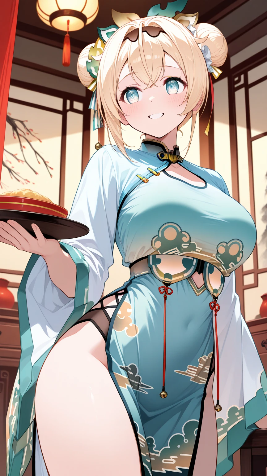Revealing clothing,dark brown hair,tits,belly button,Exposed pussy,Exposed clavicle,Exposed underbelly,light brown skin,Pink nipples,light brown skinのtits,Animated cartoon character holding a plate of food in his hand, change, Twin tails white_gloves, Twin tails,, Black, change in dress, , Also, Sketchy art style, An anime character wearing beige Chinese clothing