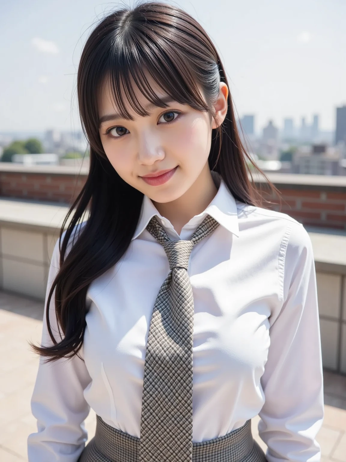 Best quality, masterpiece, ultra-high resolution, 8K, (reality: 1.4), RAW shooting, most detailed face, very detailed and perfect anatomy, live photography; most beautiful face; shining skin; one 18-year-old Japanese.My bangs and eyes are big and cute.It has brown eyes, gentle eyes, long brown hair, a young face, and a large chest.E-cup. Look at the audience.angelic smile.Cosplay, Japanese high school girls, glossy white short-sleeved shirts, red ribbons, plaid pleated skirts, and a ponytail.((a smiling face))