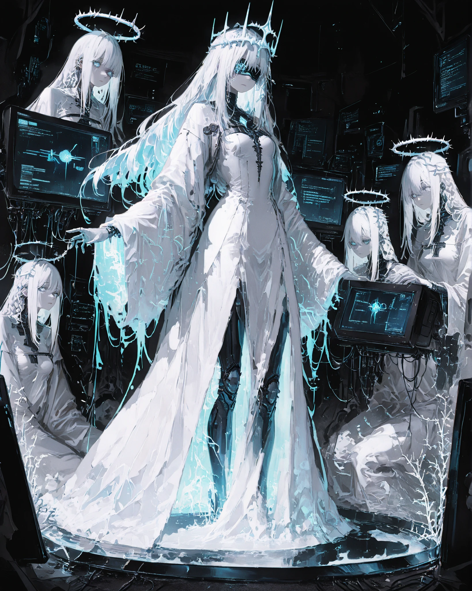 Masterpiece, ultra detailed, cinematic lighting, 4K resolution, cyberpunk aesthetic, surreal digital temple. A tall cybernetic priestess stands at the center, her body pale and ethereal. Her long hair is made of braided USB and data cables, flowing like wires in zero gravity. She wears a flowing dress made of glowing computer monitors and smartphone screens, all flickering with static, digital interference, and glitch effects. Her arms are thin, elongated, and ghostly white, with translucent circuits under the skin. A crown of metallic thorns floats horizontally across her face at eye level, like a cybernetic blindfold, glowing faintly. Around her, a group of human devotees kneel in reverence, holding smartphones raised as if in prayer, bathed in cold digital light. Their faces are illuminated by the screens, emotionless yet devout, worshipping her like a digital saint. The background is a massive techno-cathedral, filled with wires, neon halos, and digital glyphs. The atmosphere is mystical, eerie, and reverent — a futuristic cult of technology.