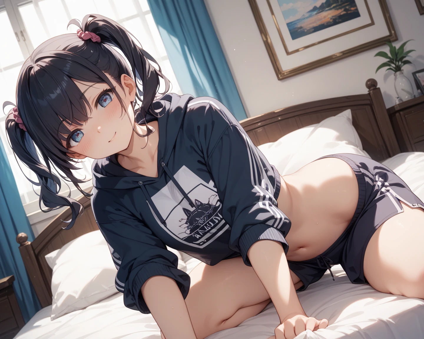 (((Masterpiece, highest quality, high definition, high detail)))), (((modern))), ((bedroom)), ((laying on bed)), (((one girl))), A girl in hotel room at night, neon lights, beautiful face, tomboy, wearing hoodie, dark pajama shorts, (dark skin2), (black + short wavy hair1.2), yellow eyes, blunt bangs, wearing hoodie, gym panties, blushed face, small breasts, High resolution, dark ambiance by professional AI, hotel room, night, dark sky, looking at viewer, (((One girl in middle))), (((SOLO)))