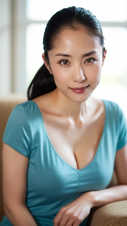 1gravure, from the chest up, masutepiece, Best Quality, Ultra-detailed, Photorealistic, super detailed skin, Perfect Anatomy, (1 japanese mature woman), (Solo), sixty years old, (Wrinkles at the corners of the eyes:1.3), Large breasts, A MILF, glamor, A sexy, Chromo-white skin, Looking at Viewer、Super large udder、Sleeveless knitwear、Tight Fit Knitted Dresseuchimuchi、Black pantyhose、high-heels、Smile、sitting on、Hotel bedroom