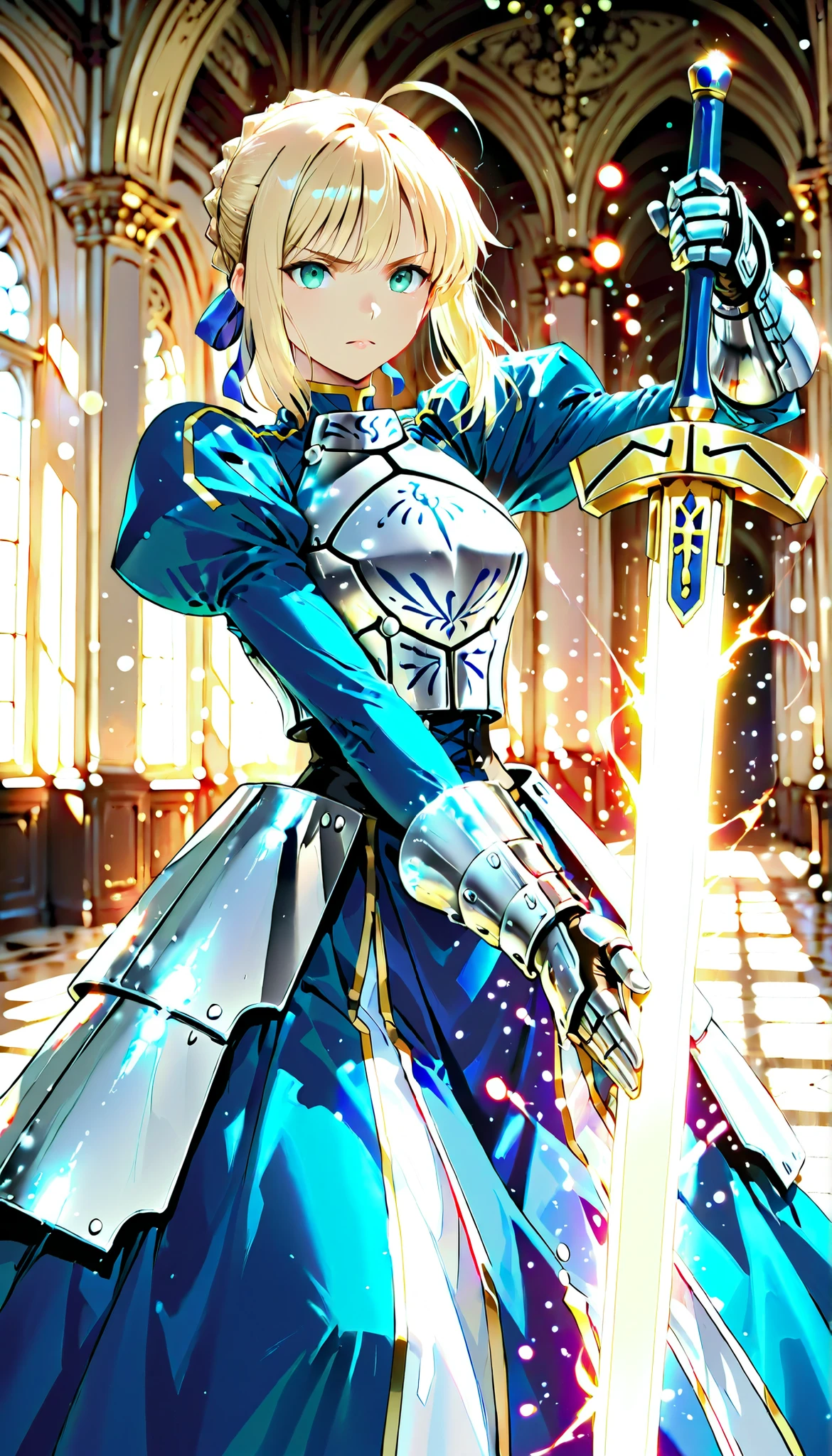 Gal, GAL, serious expression:1.2, Saggy Eyes, (combat action:1.2, Beautiful sword skills, Excalibur, Excaliburを構えて剣先はフレーム外へ伸びる、Composition with a shallow depth of field where you can feel depth, SHOCKING EFFECTS:1.4), アニメBeautiful girl, saber,(fate/stay night),artoria pendragon,long glossy Blonde hair,ahoge,Stupid hair, Side locks,braided, hair ribbon,brue bow,single hair bun, hair bun, Green eyes, Pupil,eyelashes,medium breasts, turtleneck, blue dress, breastplate, armored dress, long sleeves, juliet sleeves, gauntlets, faulds, long dress, High Quality, Detailed Expression Details, 4K High Quality, Anime Style, delicate texture, realistic skin texture, Bokeh Backgrounds, Refined Lighting, Sensualな雰囲気, high definition illustration, Utopian, Flat Anime, Anime Style, Beautiful girl, beautiful girl, Sense of luxury, fashion portrait with Shiba Inu, Sensual, Enchanting, Sensual, charming