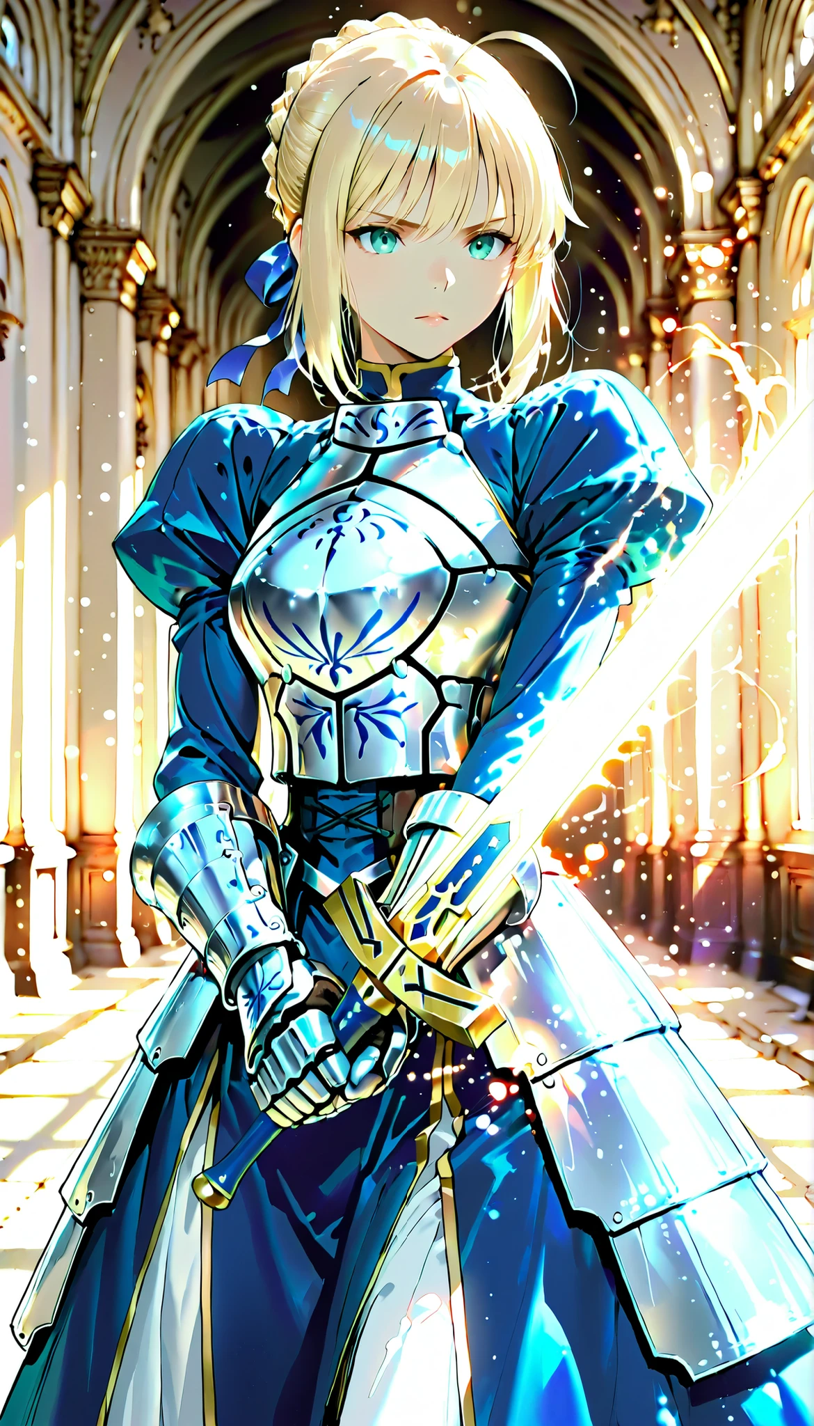 Gal, GAL, serious expression:1.2, Saggy Eyes, (combat action:1.2, Beautiful sword skills, Excalibur, Excaliburを構えて剣先はフレーム外へ伸びる、Composition with a shallow depth of field where you can feel depth, SHOCKING EFFECTS:1.4), アニメBeautiful girl, saber,(fate/stay night),artoria pendragon,long glossy Blonde hair,ahoge,Stupid hair, Side locks,braided, hair ribbon,brue bow,single hair bun, hair bun, Green eyes, Pupil,eyelashes,medium breasts, turtleneck, blue dress, breastplate, armored dress, long sleeves, juliet sleeves, gauntlets, faulds, long dress, High Quality, Detailed Expression Details, 4K High Quality, Anime Style, delicate texture, realistic skin texture, Bokeh Backgrounds, Refined Lighting, Sensualな雰囲気, high definition illustration, Utopian, Flat Anime, Anime Style, Beautiful girl, beautiful girl, Sense of luxury, fashion portrait with Shiba Inu, Sensual, Enchanting, Sensual, charming