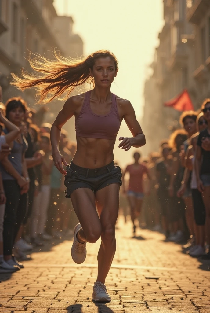(photorealism:1.2), Russian woman, 35 years old, (naked:1.9), (Full Height:1.9), running shoes on the feet of a woman, white socks, body in oil, sweat, movement, woman running, city park, (a lot of men around:1.8), (pubic hair:1.6), (no bra:1.9), (no underpants:1.9)