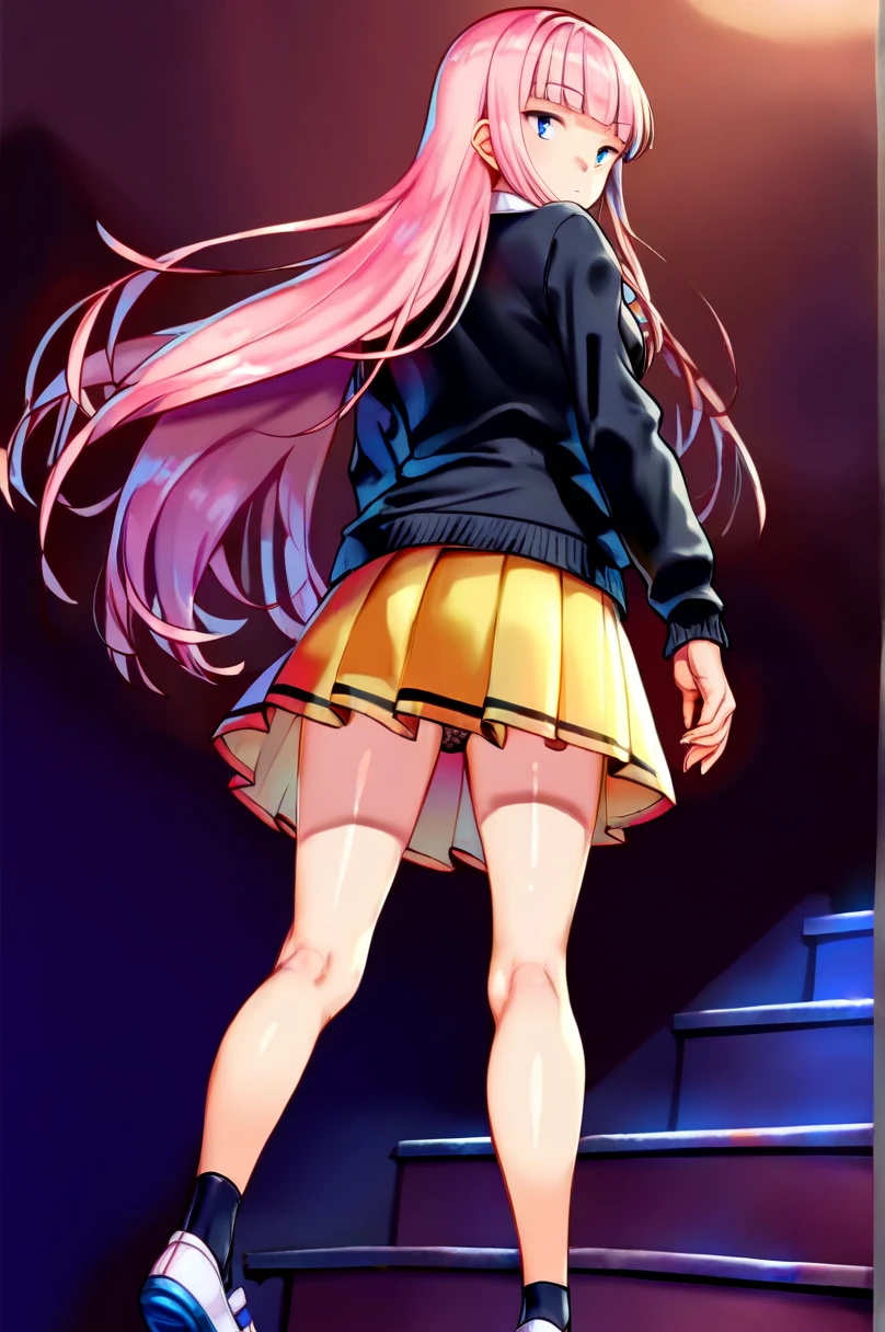 very pretty girl on back upskirt visible panties looking at viewer bright pink hair very long, embarrassed, brush, (angry: 0.6) big ass low angle
