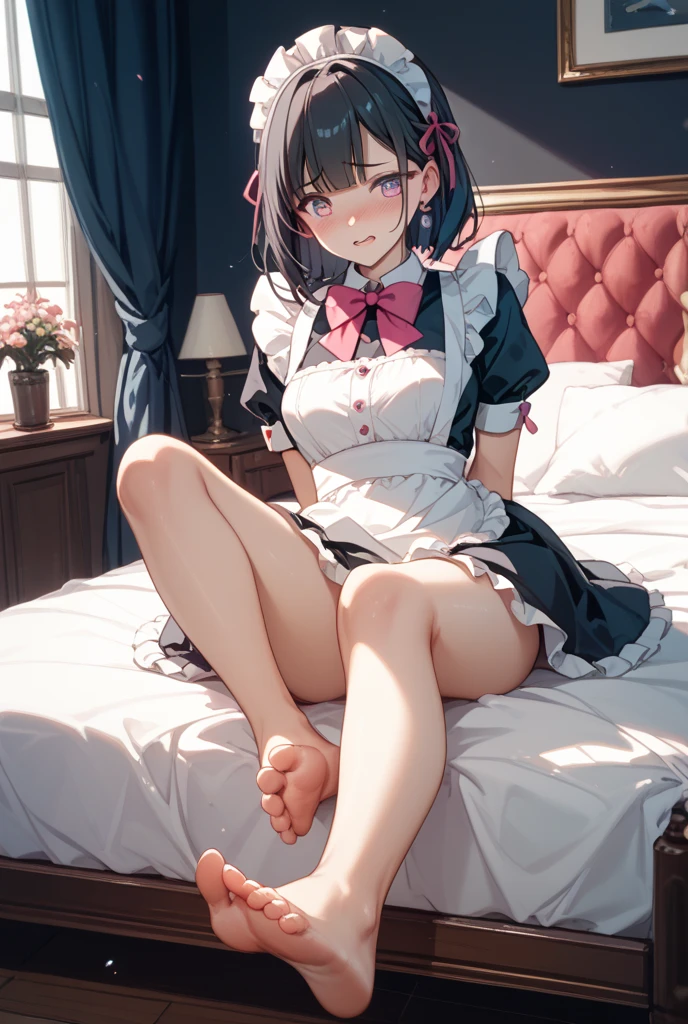 girl, anime, master piece, best quality, ultra-detailed, lie on bed, feet apart, maid, brown pigtails, enraptured expression, admiring