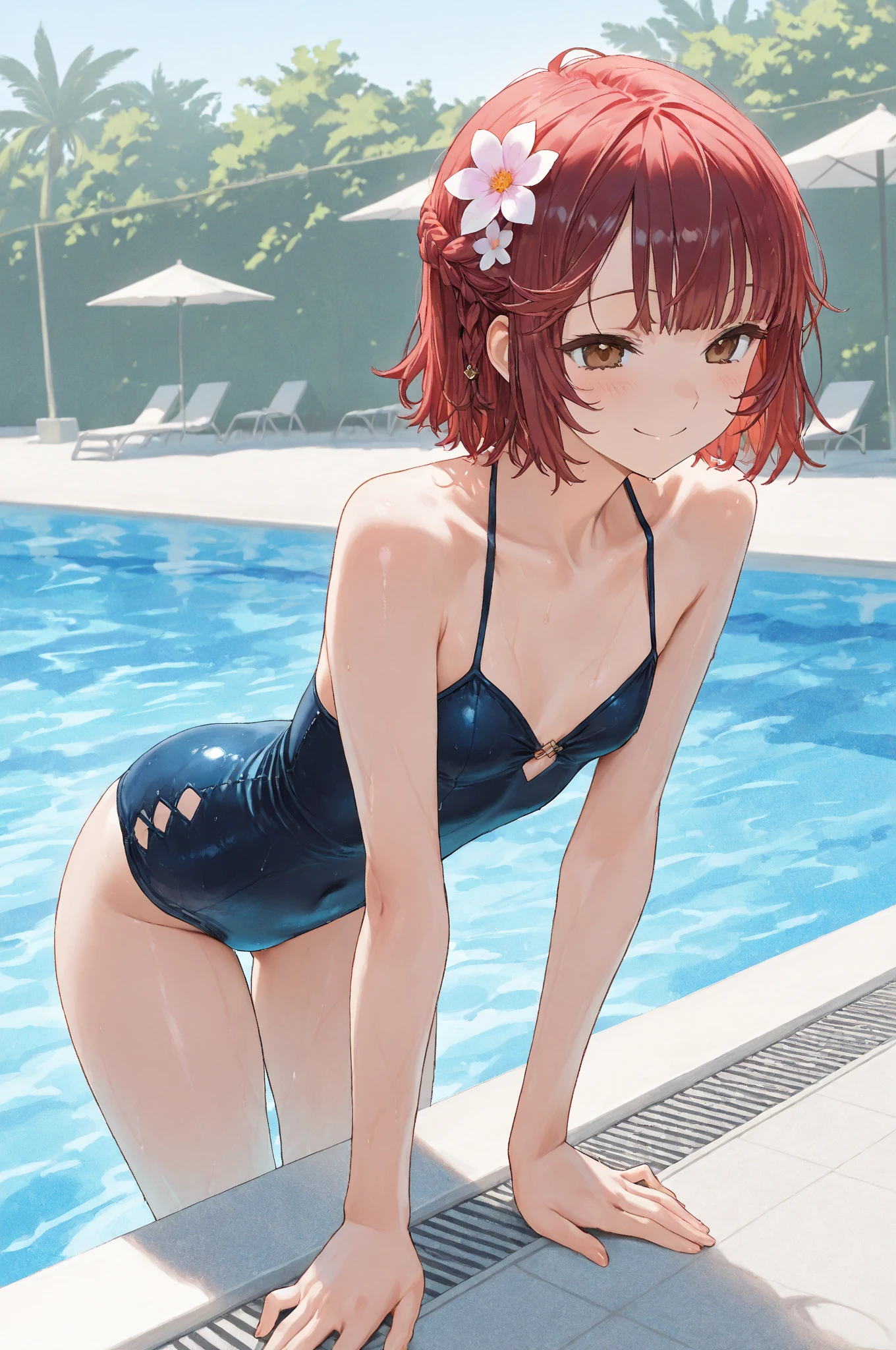 nicenature、Close-up of the butt looking up from below、Get wet all over 1.5.Realistic、squat butt emphasis、13 year old girl、wearing a red swimsuit,smile,cleavage emphasis,face reality,lips are a little red,cheeks are a little red,Sexy,pool
