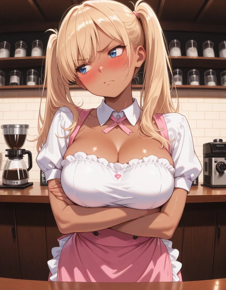 score_9, score_8_up, score_7_up, 1girl, solo, indoors, kitchen, tomboy, shy, blush, gyaru, standing, choker, looking to the side, big breasts, wide hips, medium long hair, bra, panties, wearing open oversized shirt, kitchen, holding a hot coffee cup in each hand, blush, tall, toned,